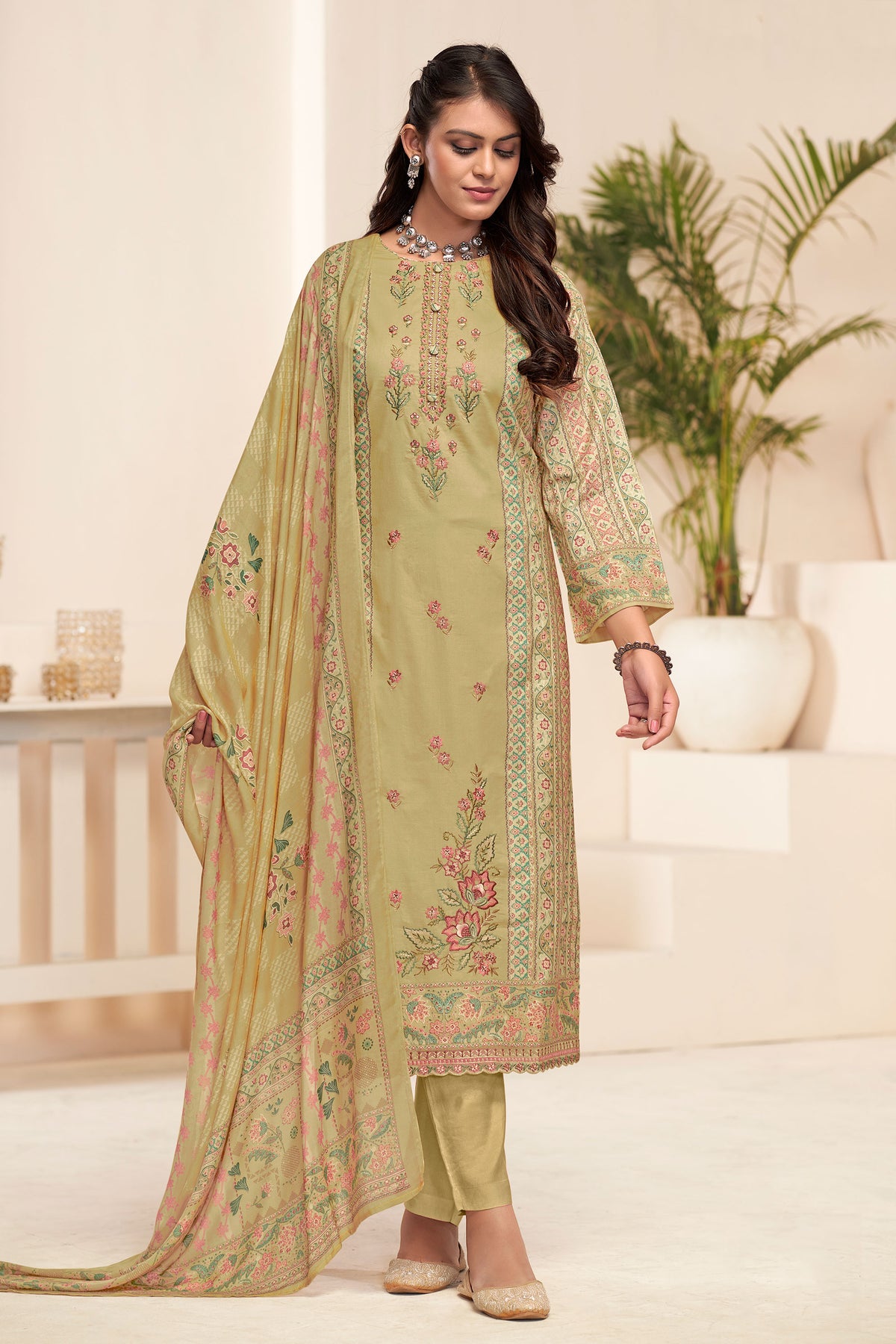 Beige Pure Lawn Cotton Digital Print With Embroidered Straight Cut Salwar Kameez