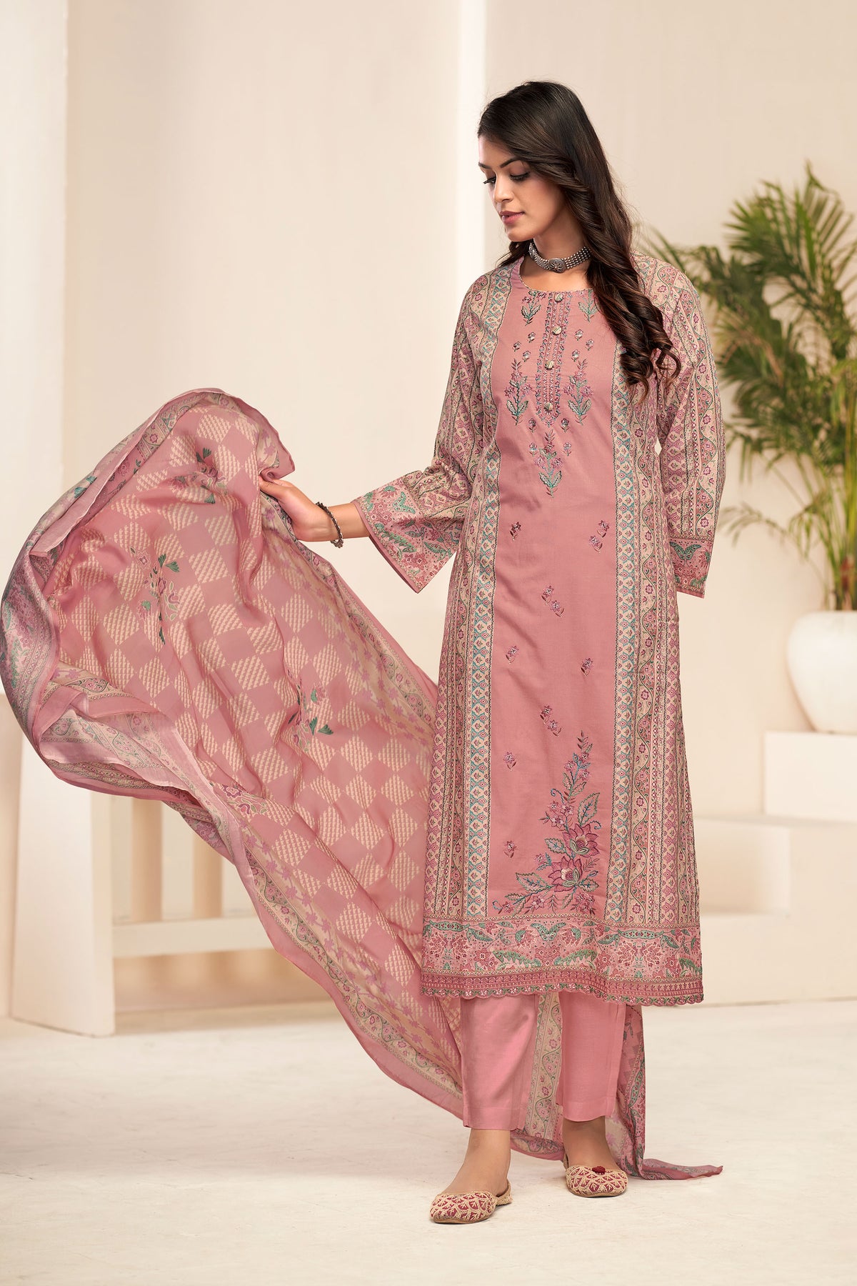 Pink Pure Lawn Cotton Digital Print With Embroidered Straight Cut Salwar Suit