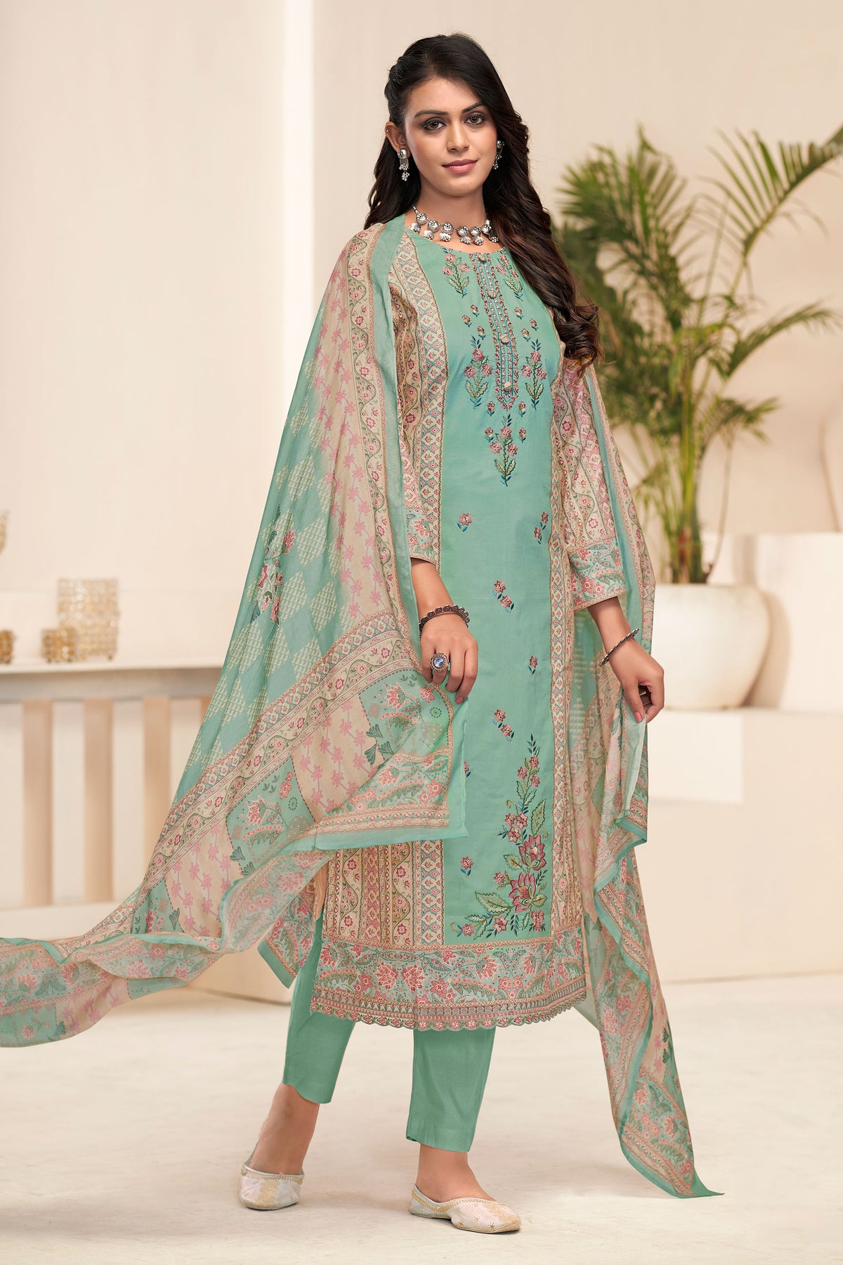 Cyan Pure Lawn Cotton Digital Print With Embroidered Straight Cut Suit