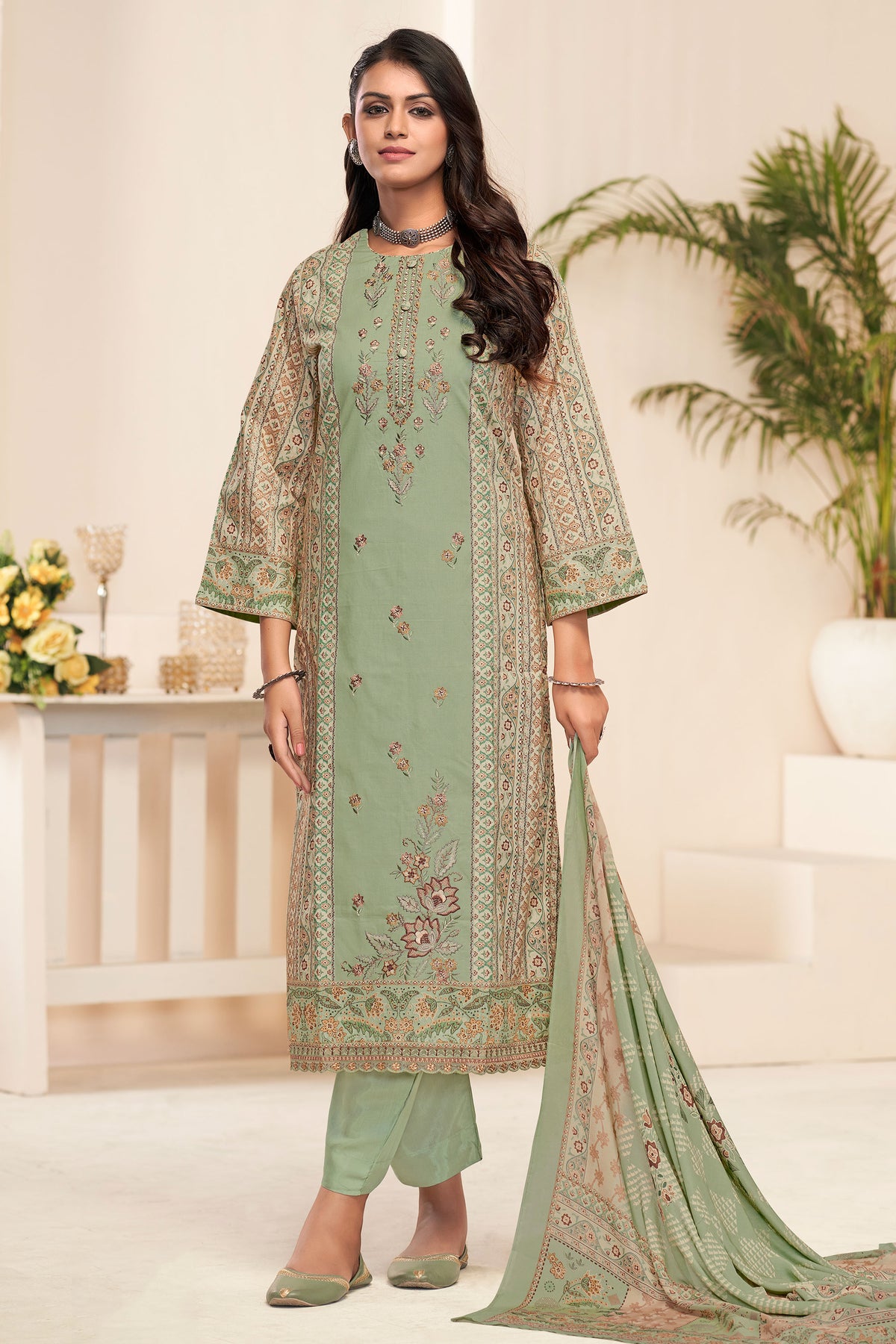 Sea Green Pure Lawn Cotton Digital Print With Embroidered Straight Cut Dress