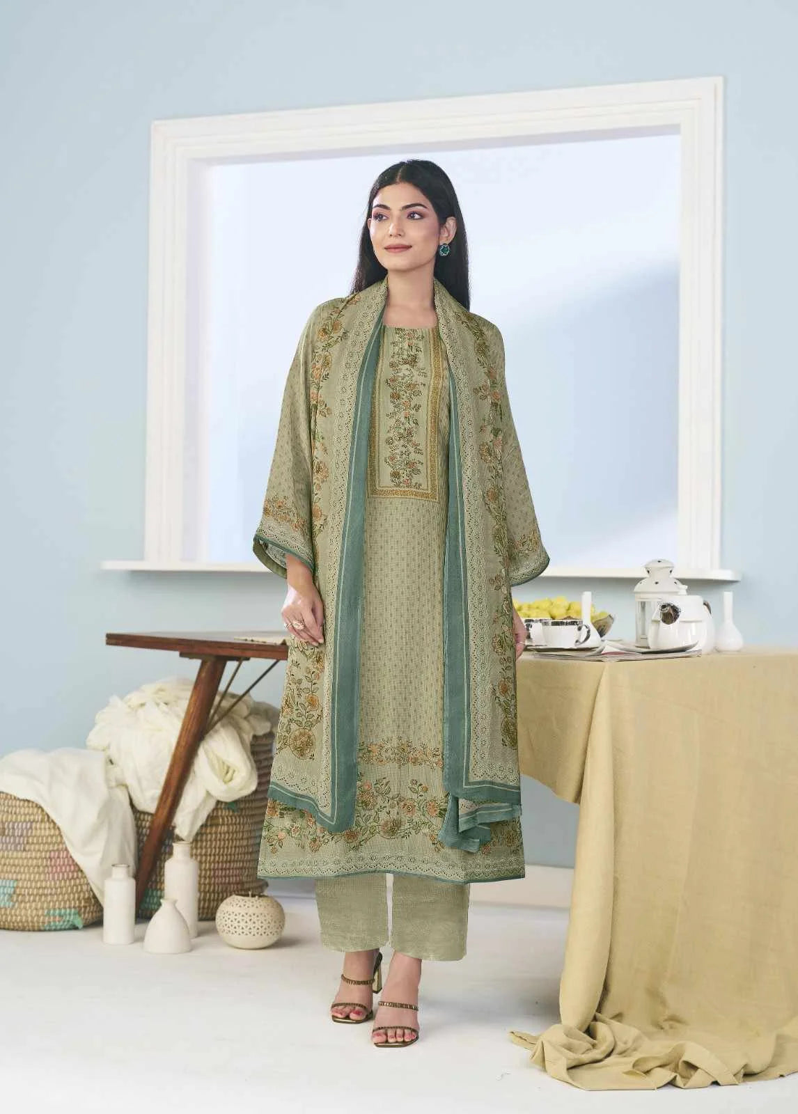 Simar Farishtey Sage Green Digital Print Muslin Salwar Kameez Set