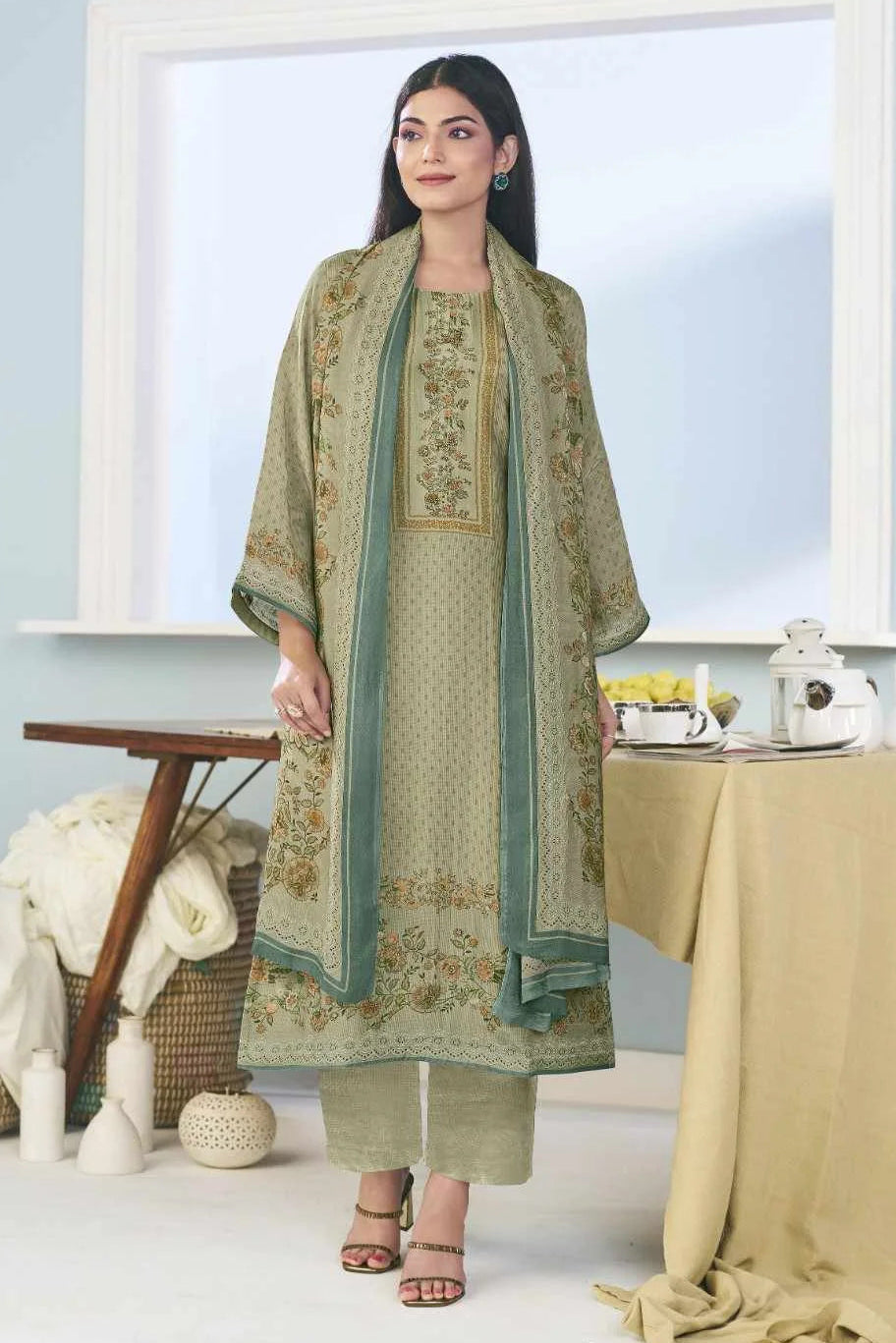 Simar Farishtey Sage Green Digital Print Muslin Salwar Kameez Set