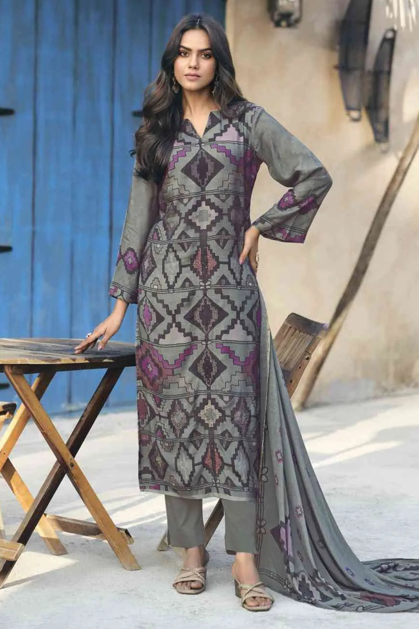 Simar Irha Steel Grey Digital Print Muslin Salwar Kameez Set