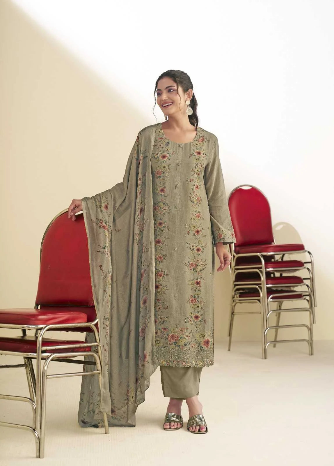 Simar Shiza Sage Grey Muslin Printed Suit Set