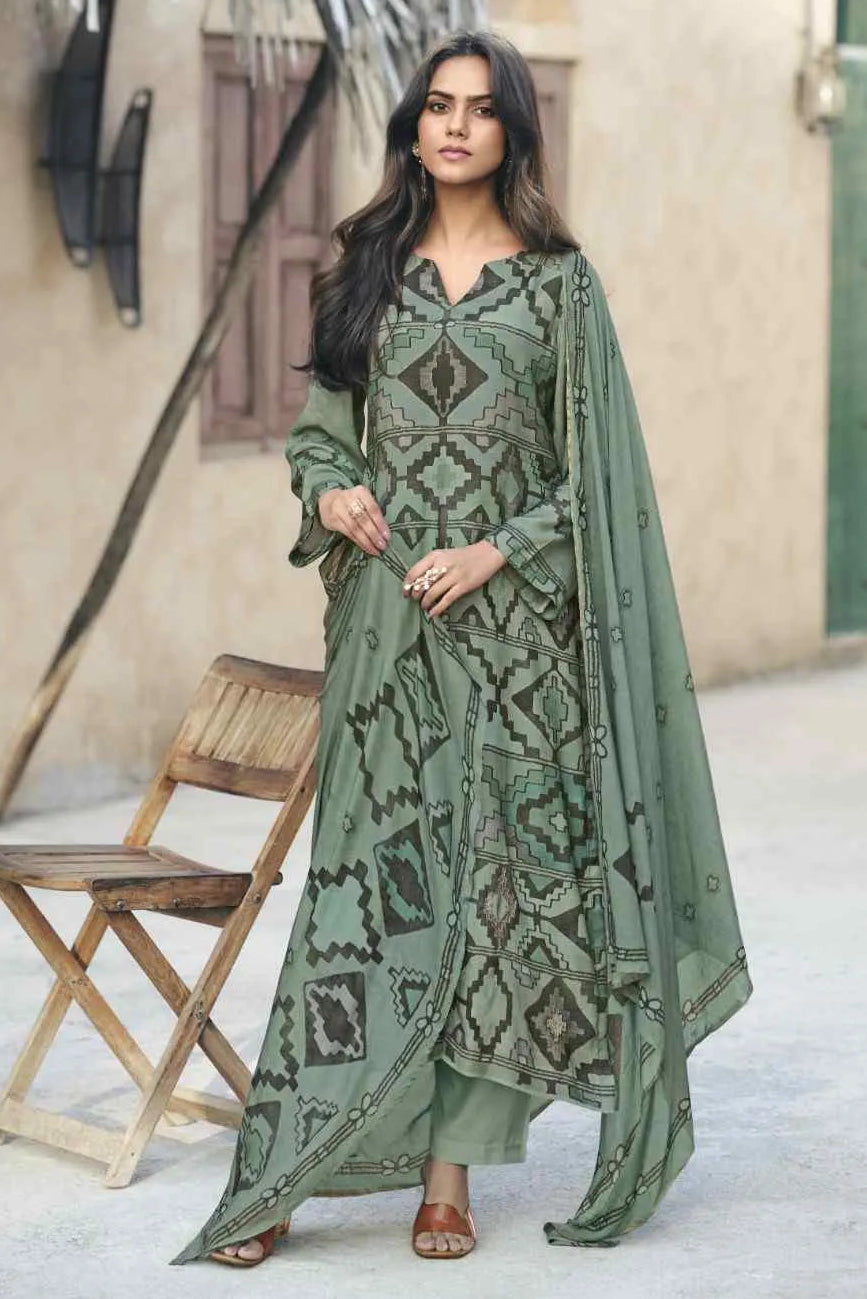 Sage Green Digital Print Muslin Salwar Kameez Set