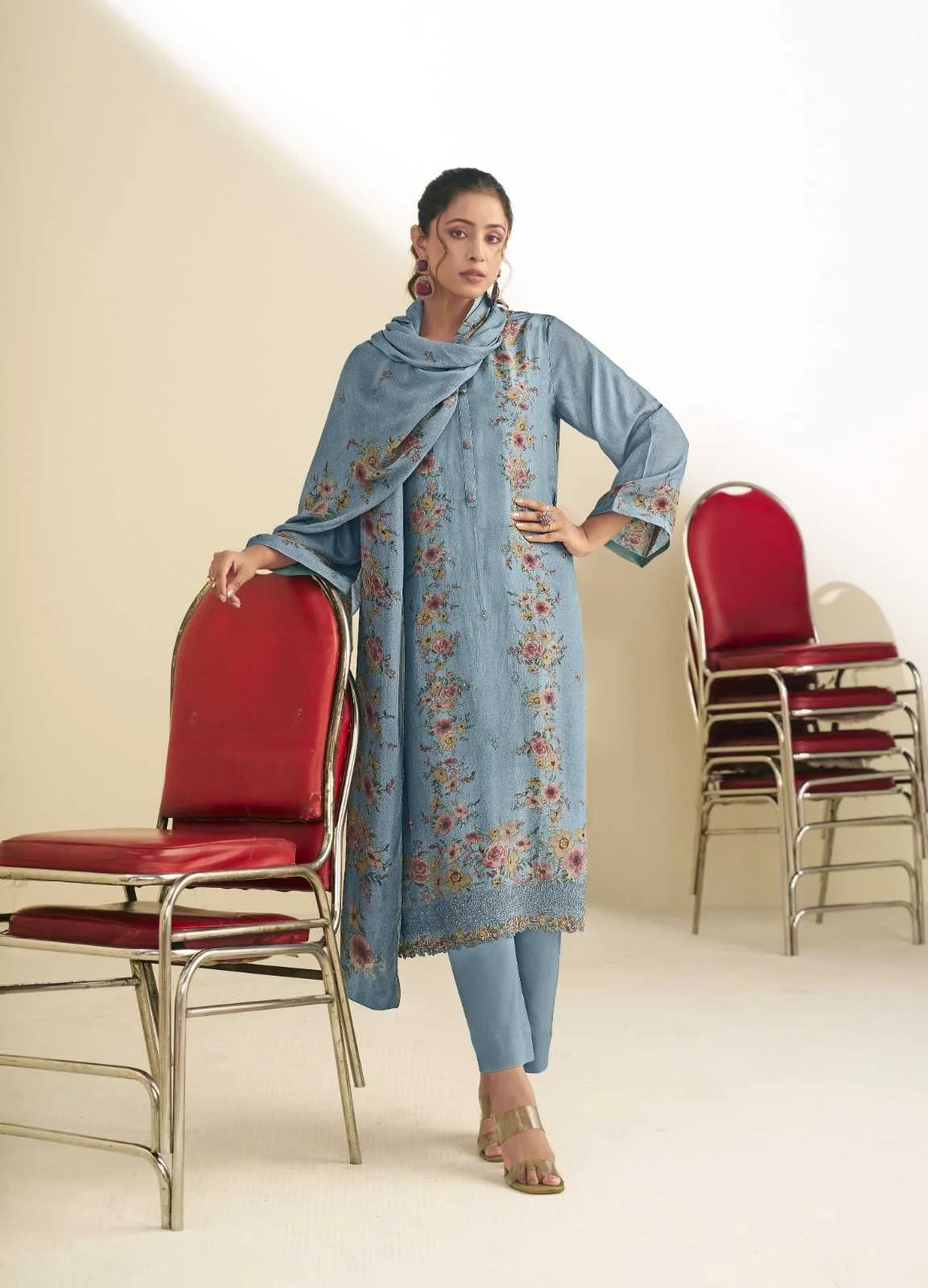 Simar Shiza Sky Blue Floral Digital Print Muslin Salwar Kameez Set