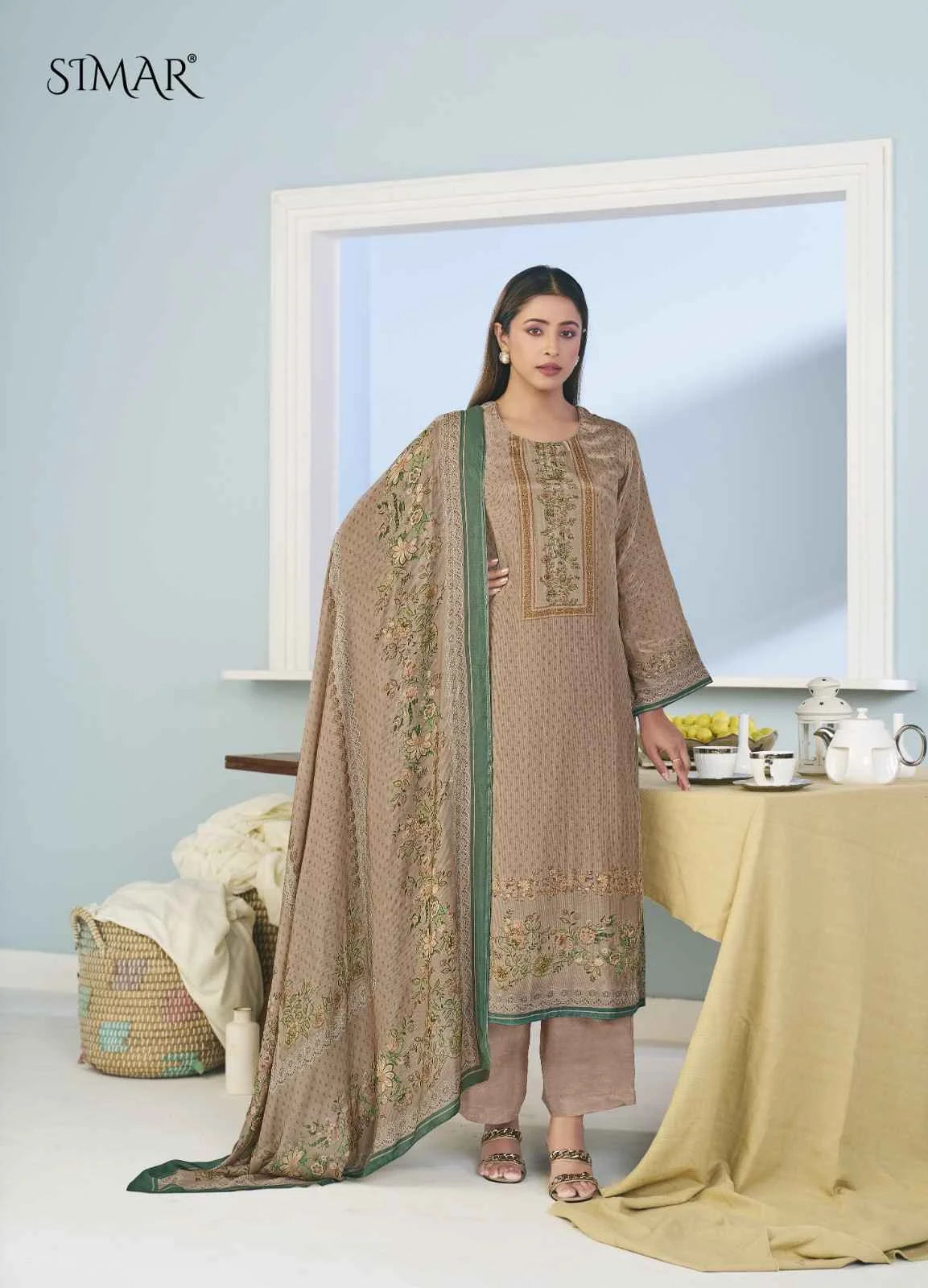 Simar Farishtey Desert Beige Digital Print Muslin Salwar Kameez Set