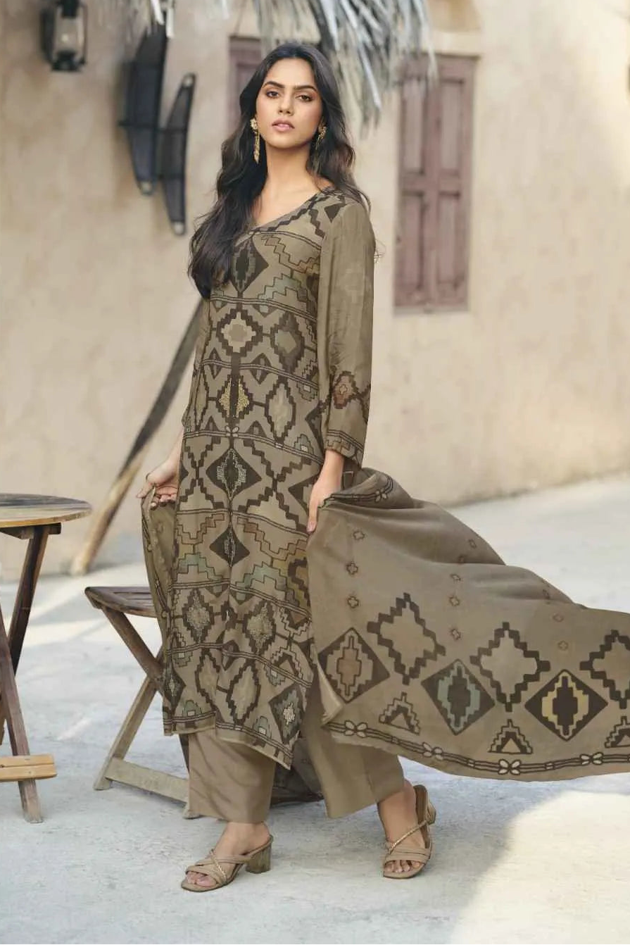 Simar Irha Taupe Brown Geometric Digital Print Muslin Salwar Kameez Suit with Dupatta
