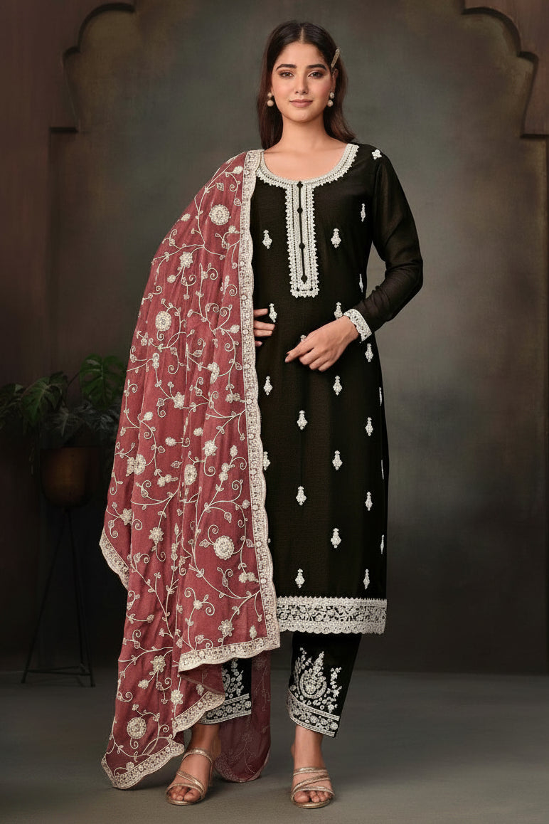 Glossy Ivory Black Fancy Fabric Cording Work Salwar Kameez Set with Pure Chinon Dupatta