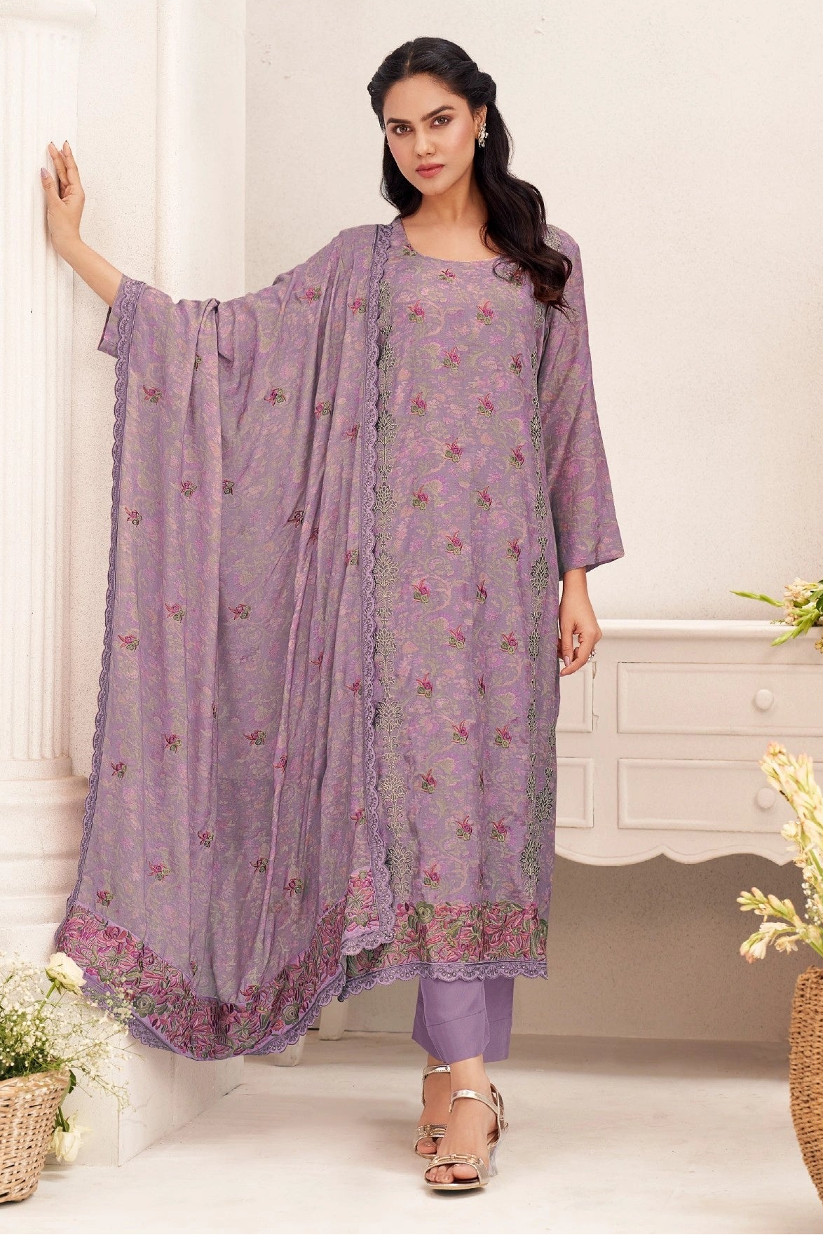 Simar Safana Lavender Purple Digital Print Salwar Kameez Set With Embroidery Work