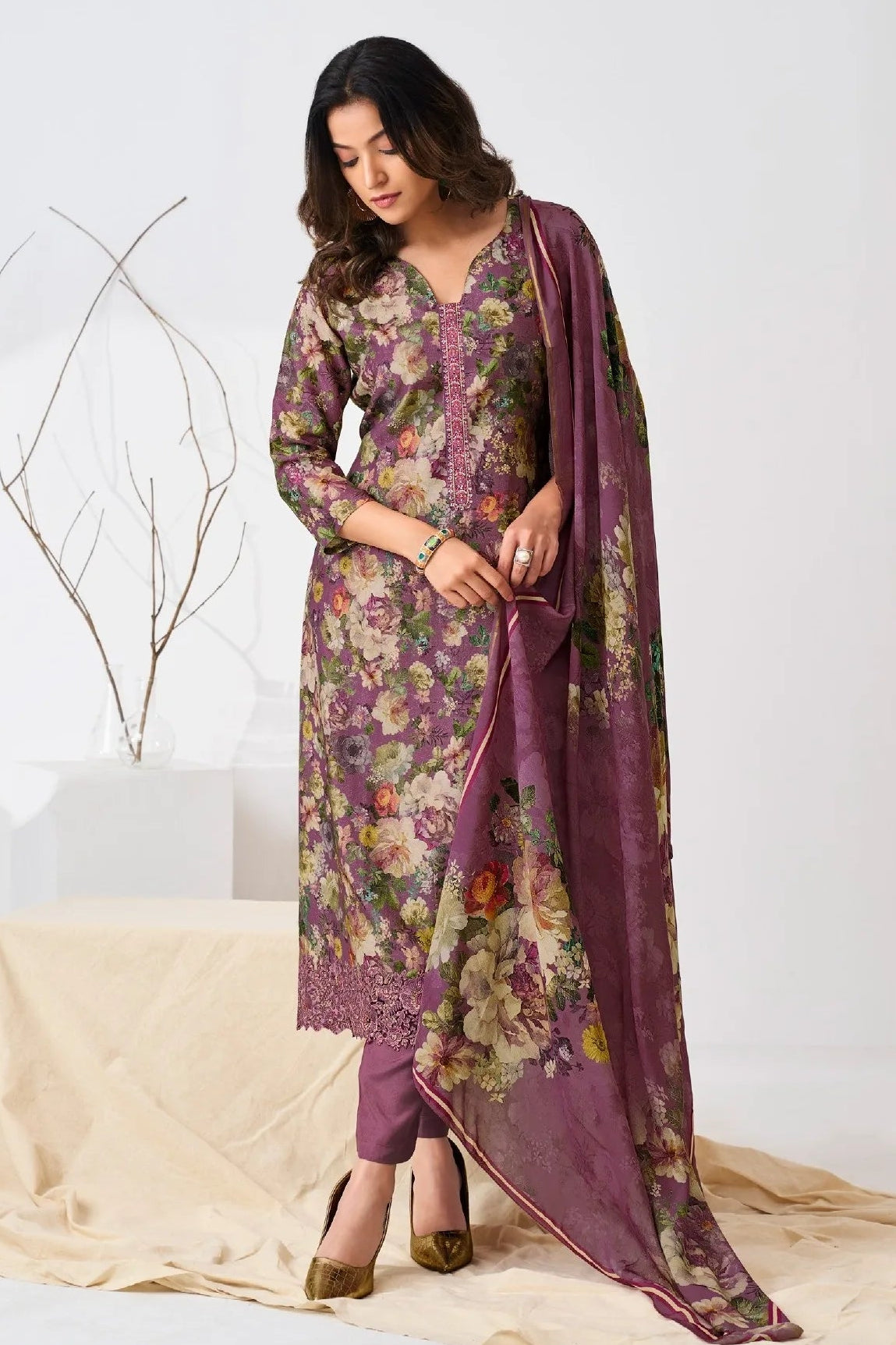 Simar Harmone Floral Mauve Pure Lea Silk Digital Print Suit Set With Dupatta
