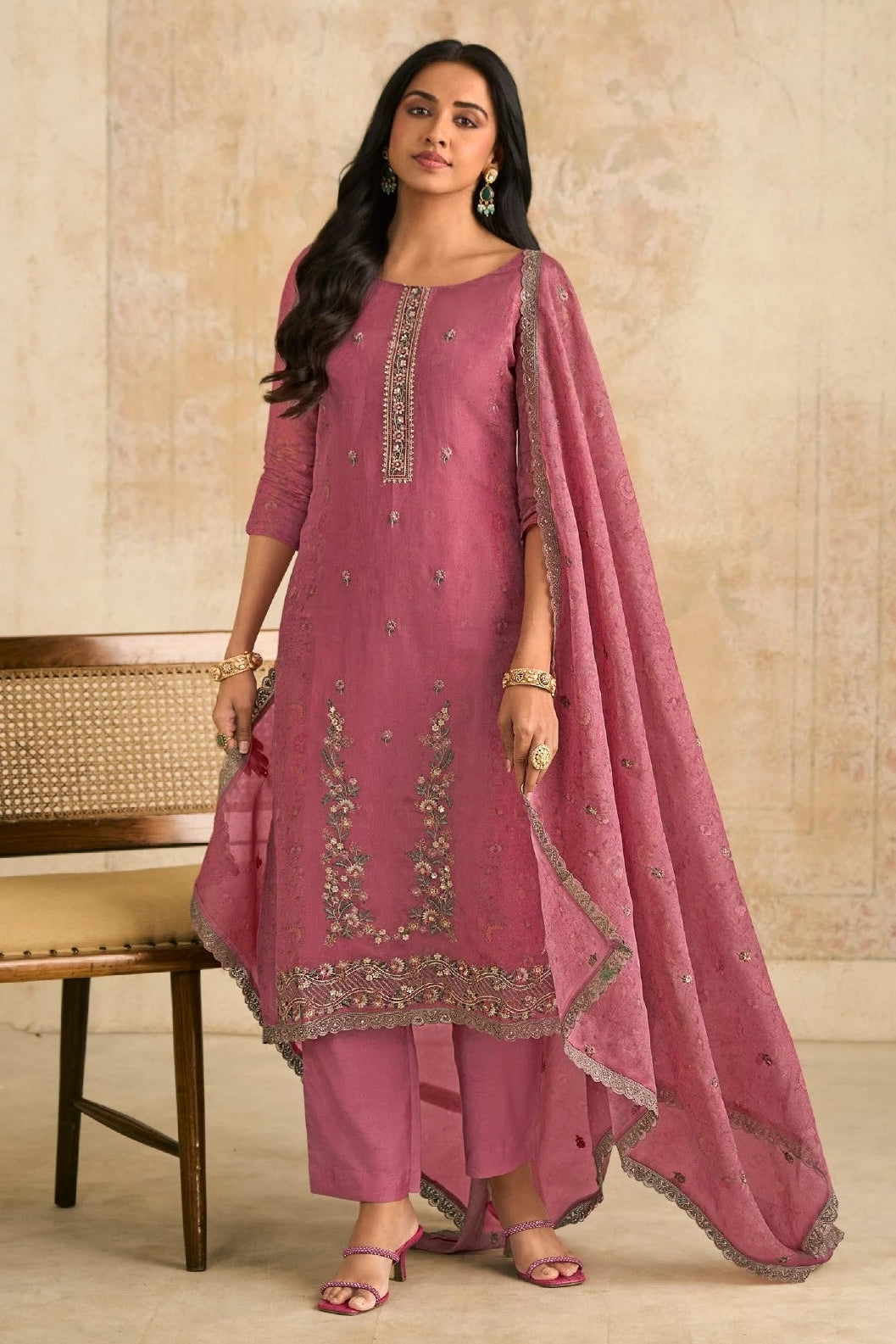 Rose Pink Embroidered Organza Suit Set with Dupatta