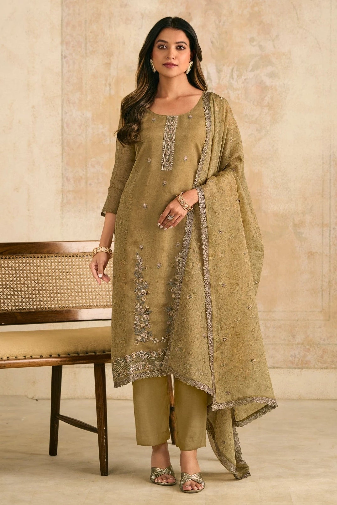 Simar Siraa Olive Gold Embroidered Organza Suit Set with Dupatta