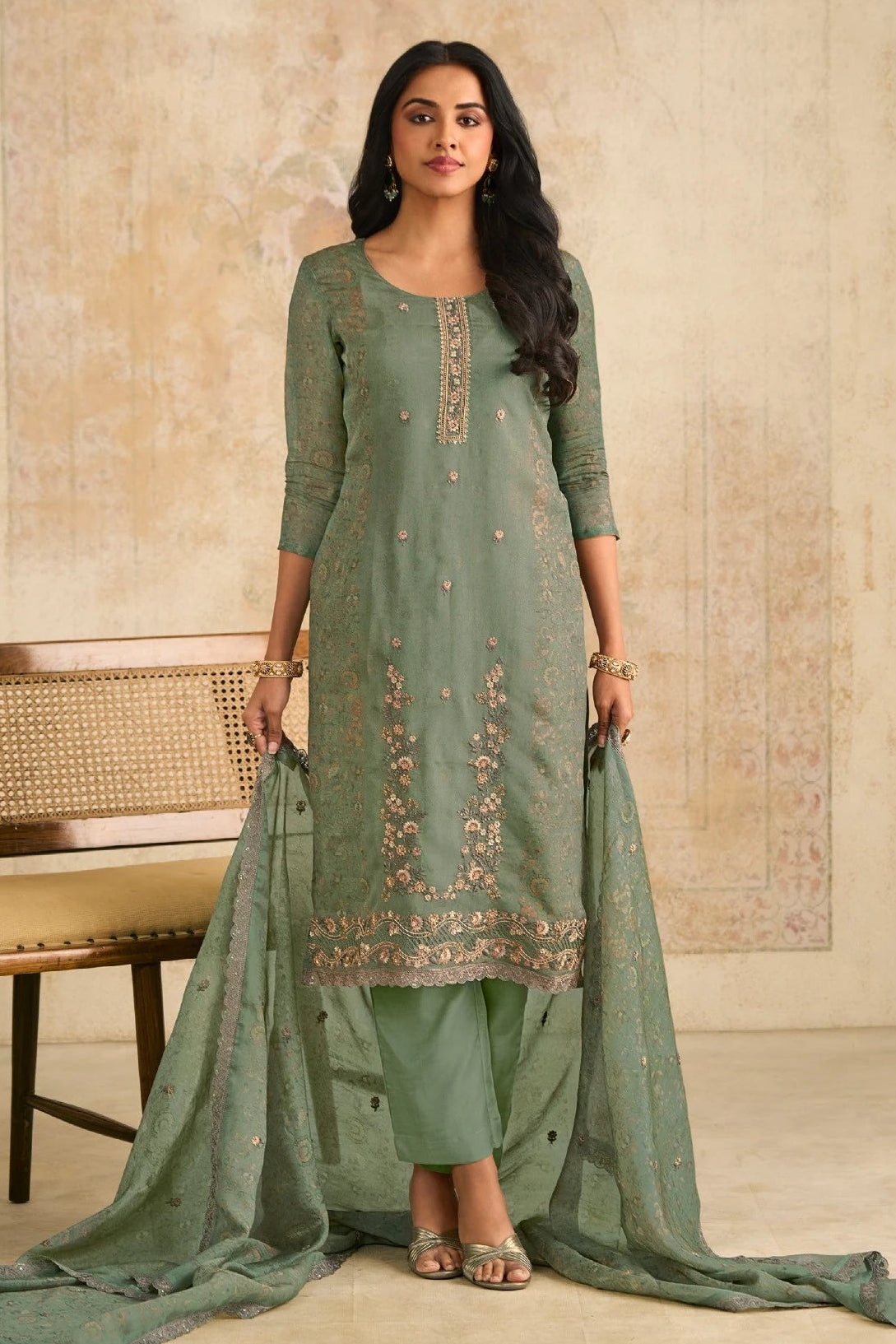 Simar Siraa Sage Green Embroidered Organza Suit Set with Dupatta