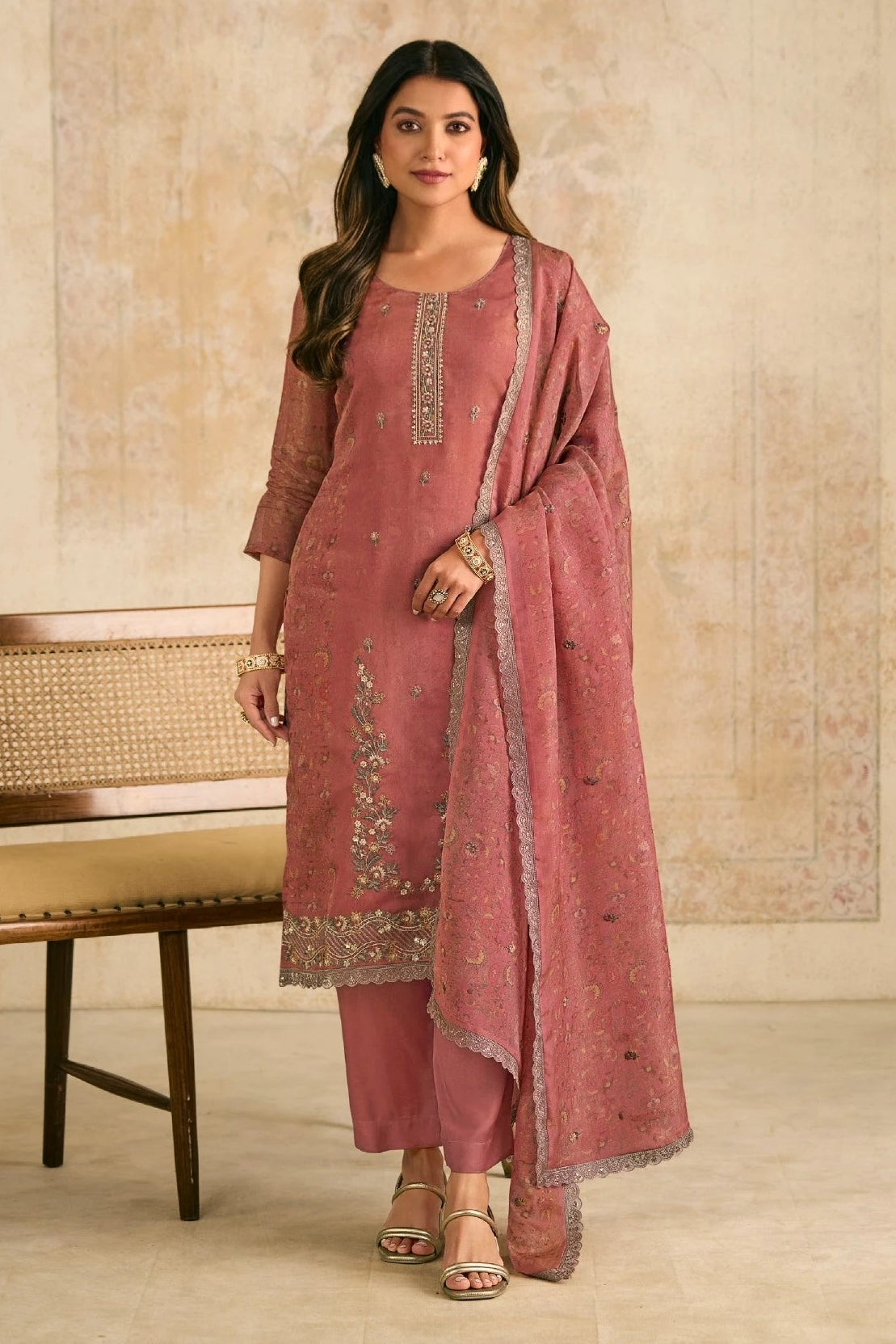Simar Siraa Dusty Rose Embroidered Organza Suit Set with Dupatta