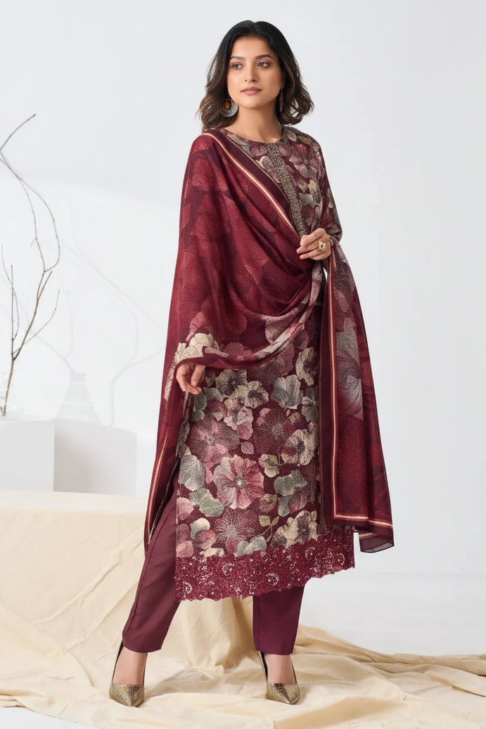 Simar Harmone Wine Berry Floral Pure Lea Silk Digital Print Suit Set With Dupatta