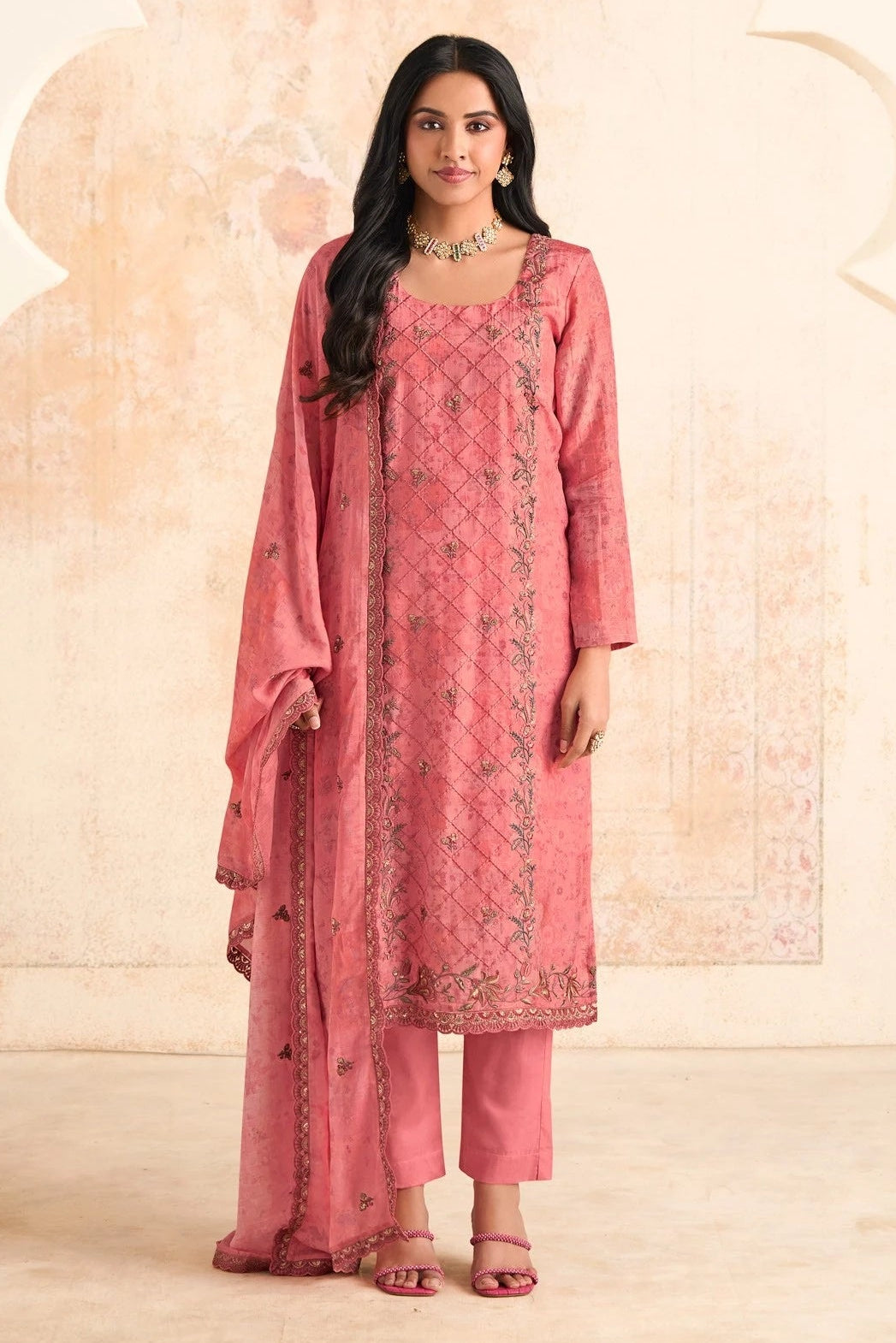 Simar Naqashi Pink Embroidered Muslin Salwar Kameez Set with Designer Dupatta