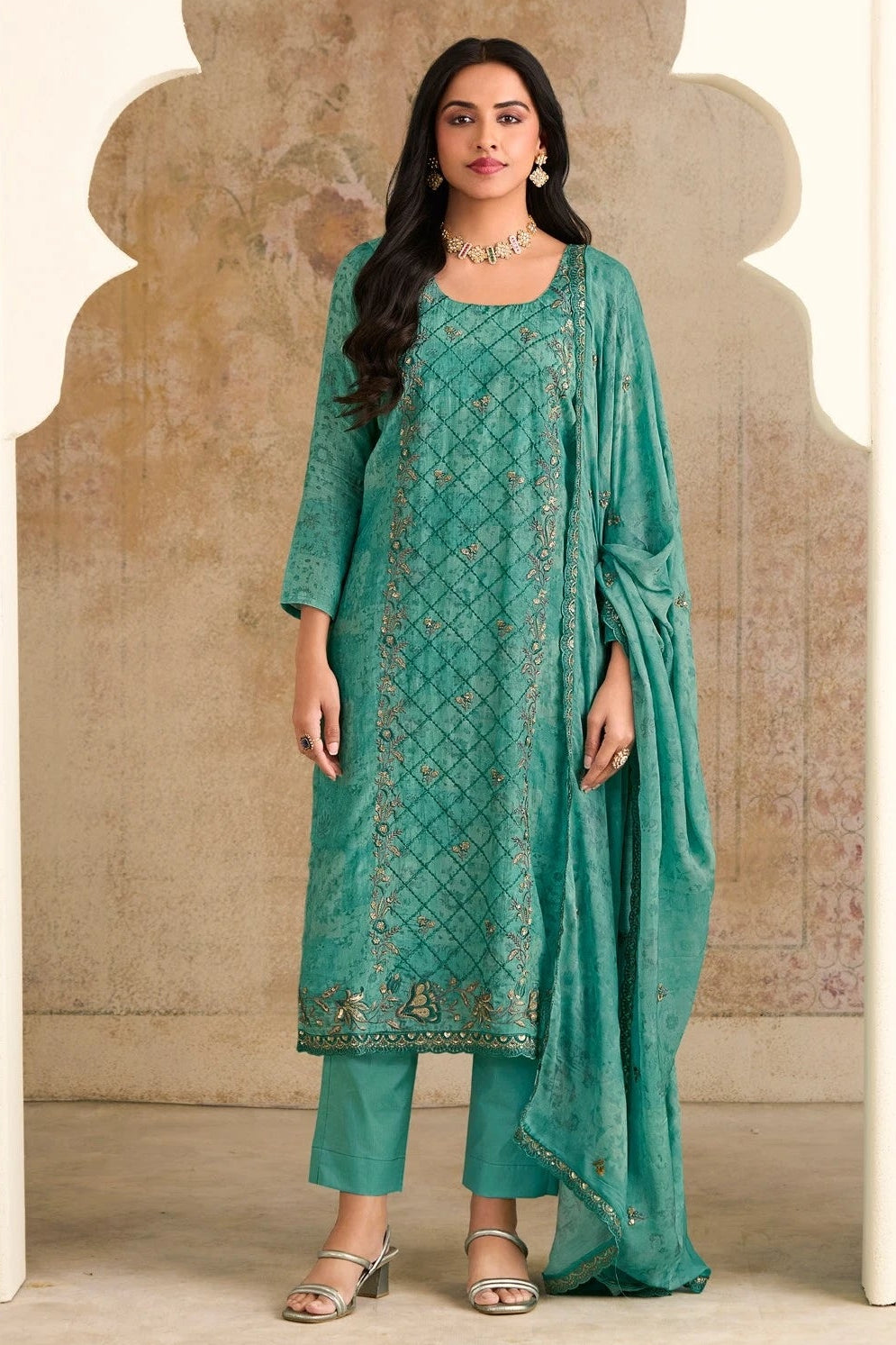 Simar Naqashi Aqua Green Embroidered Muslin Salwar Kameez Set with Dupatta