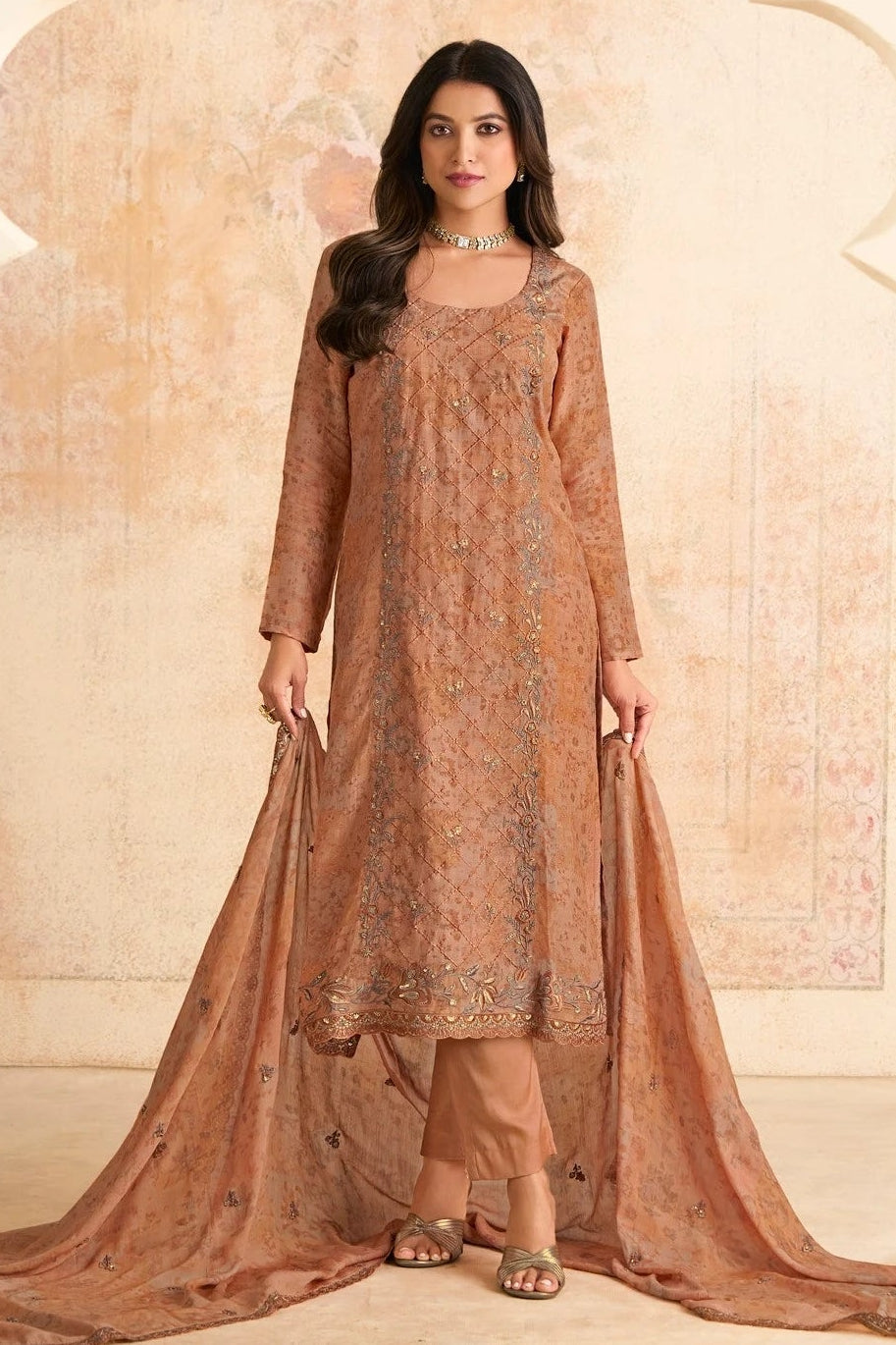 Peach Embroidered Muslin Salwar Kameez Set with Dupatta