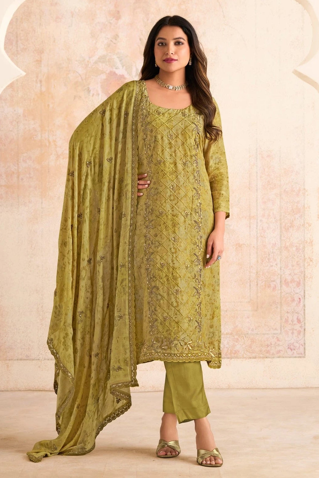 Naqashi Olive Green Embroidered Muslin Salwar Kameez Set with Dupatta