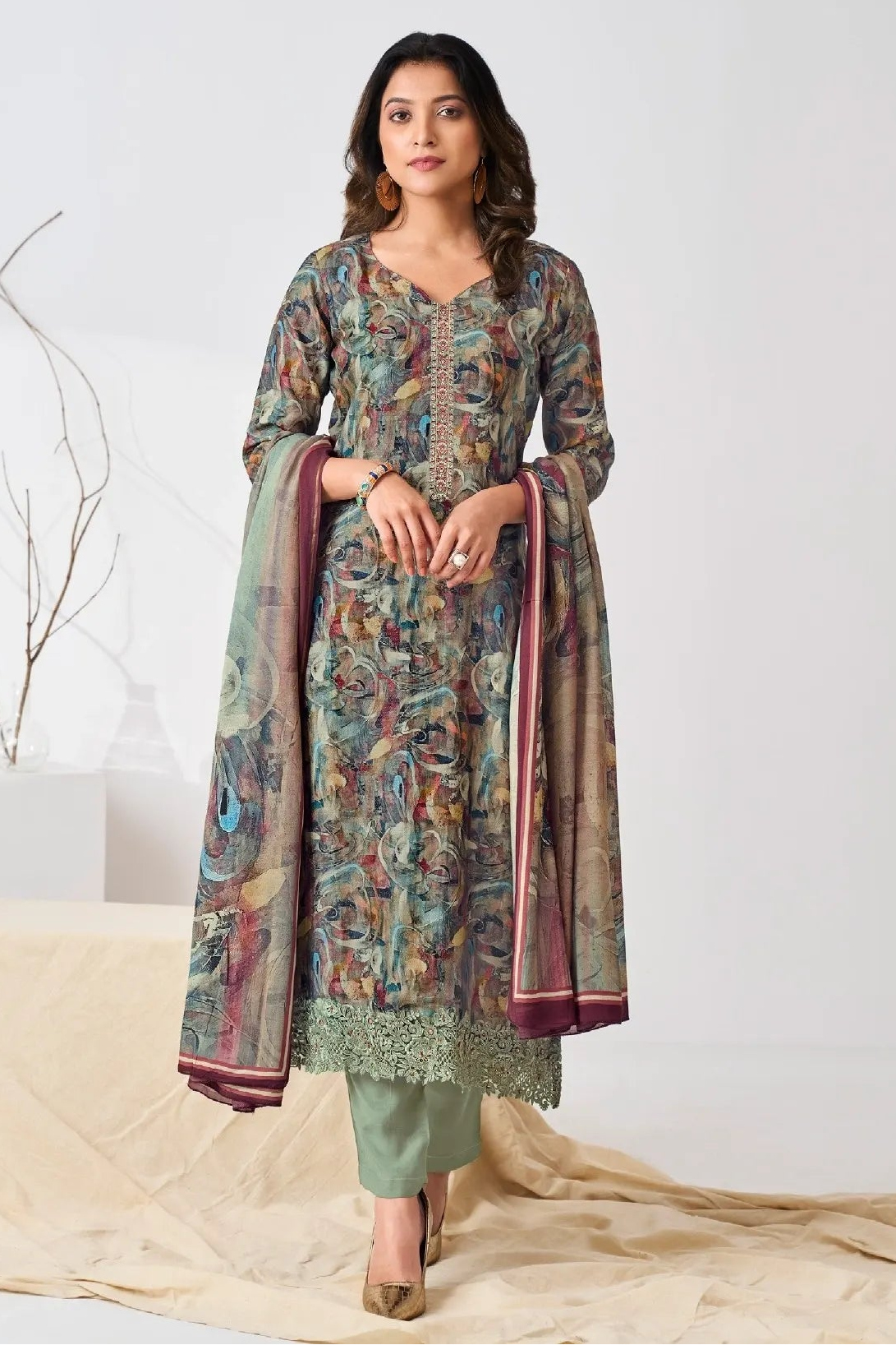 Simar Harmone Sage Green Pure Lea Silk Digital Print Suit Set With Dupatta