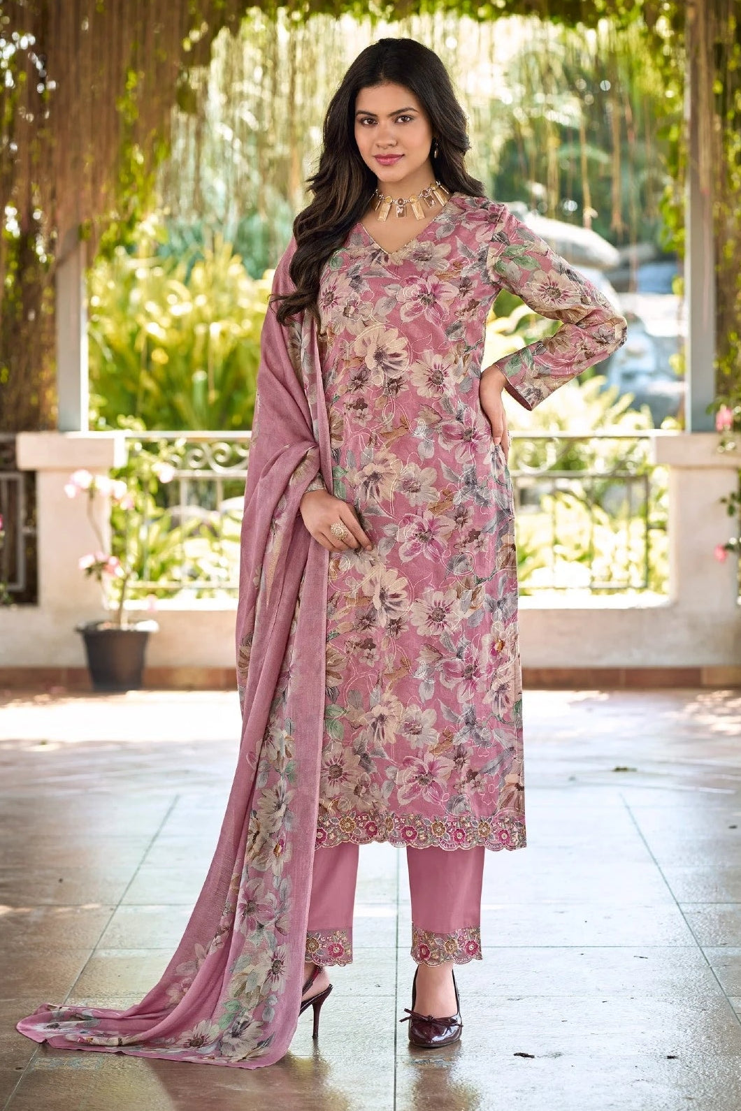 Simar Alfaaz Rose Pink Floral Printed Suit Set With Muslin Dupatta