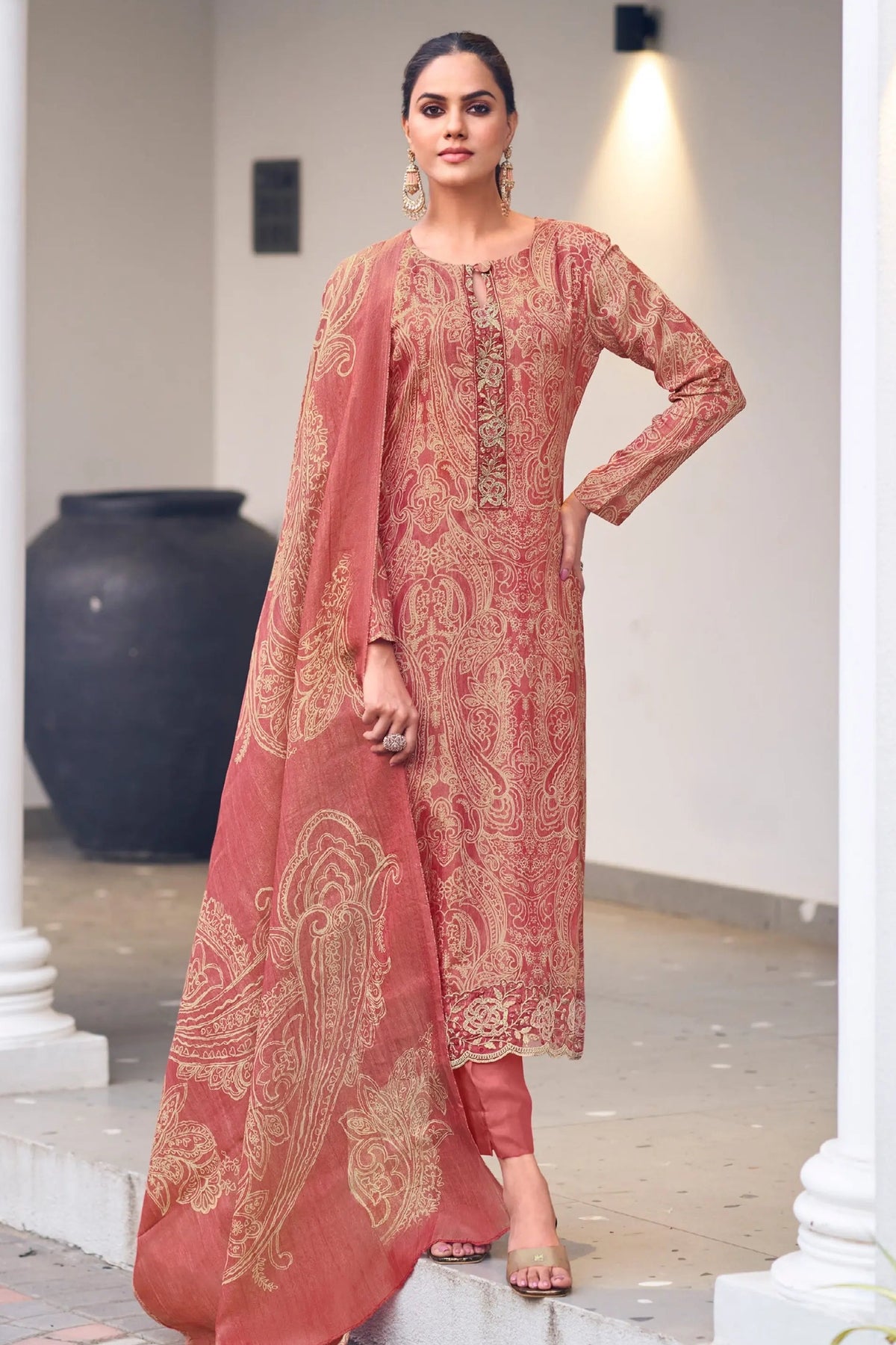 Simar Mitva Peach Rose Pure Kanjivaram Embroidered Suit Set With Dupatta