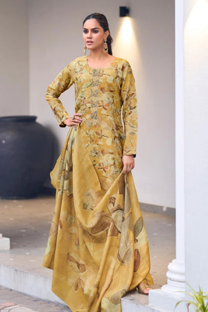 Golden Mustard Kanjivaram Floral Printed Suit Set With Dupatta