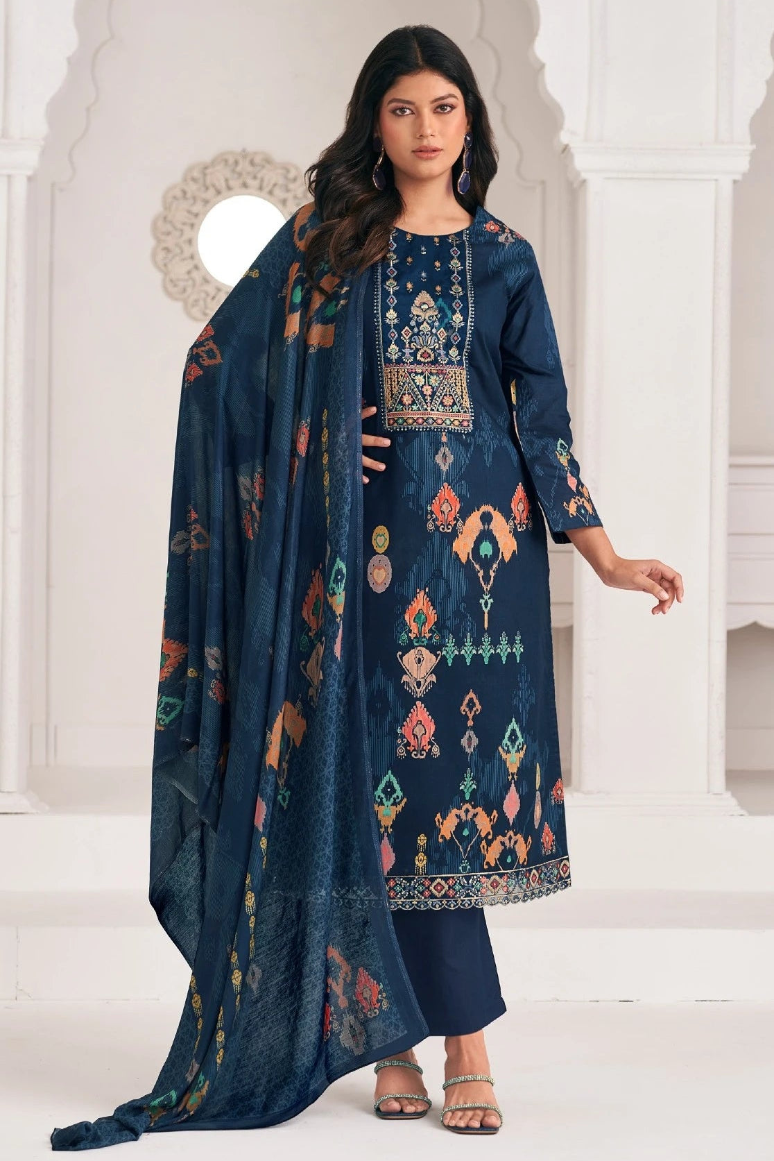 Simar Noorika Midnight Blue Embroidered Lawn Cotton Suit Set With Dupatta