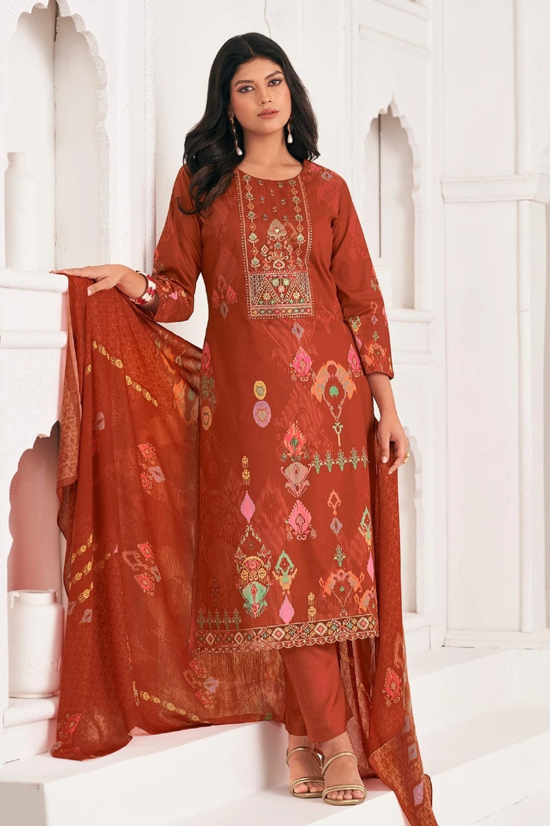 Rust Orange Embroidered Lawn Cotton Suit Set With Dupatta