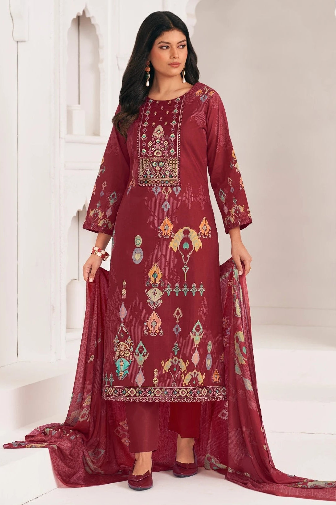 Simar Noorika Maroon Embroidered Lawn Cotton Suit Set With Dupatta