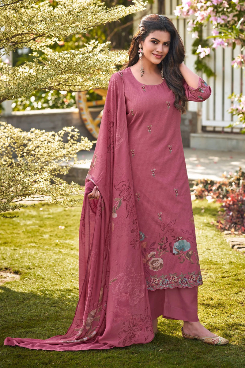 Dusty Rose Embroidered Cotton Suit Set With Muslin Dupatta