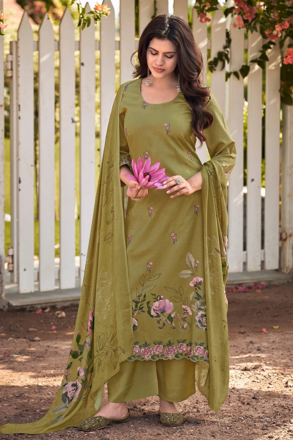 Simar Aleena Olive Green Embroidered Cotton Suit Set With Muslin Dupatta