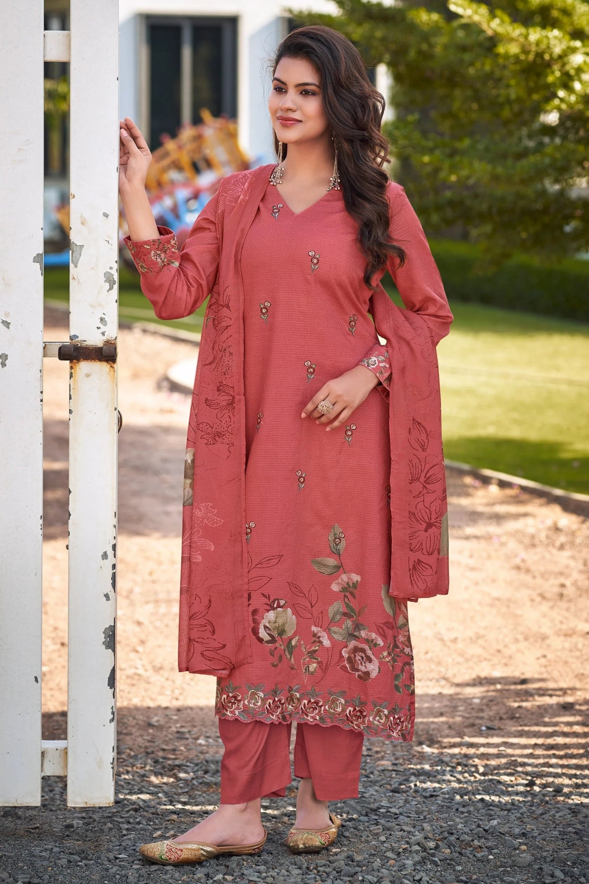 Simar Aleena Dusty Rose Embroidered Cotton Suit Set With Muslin Dupatta