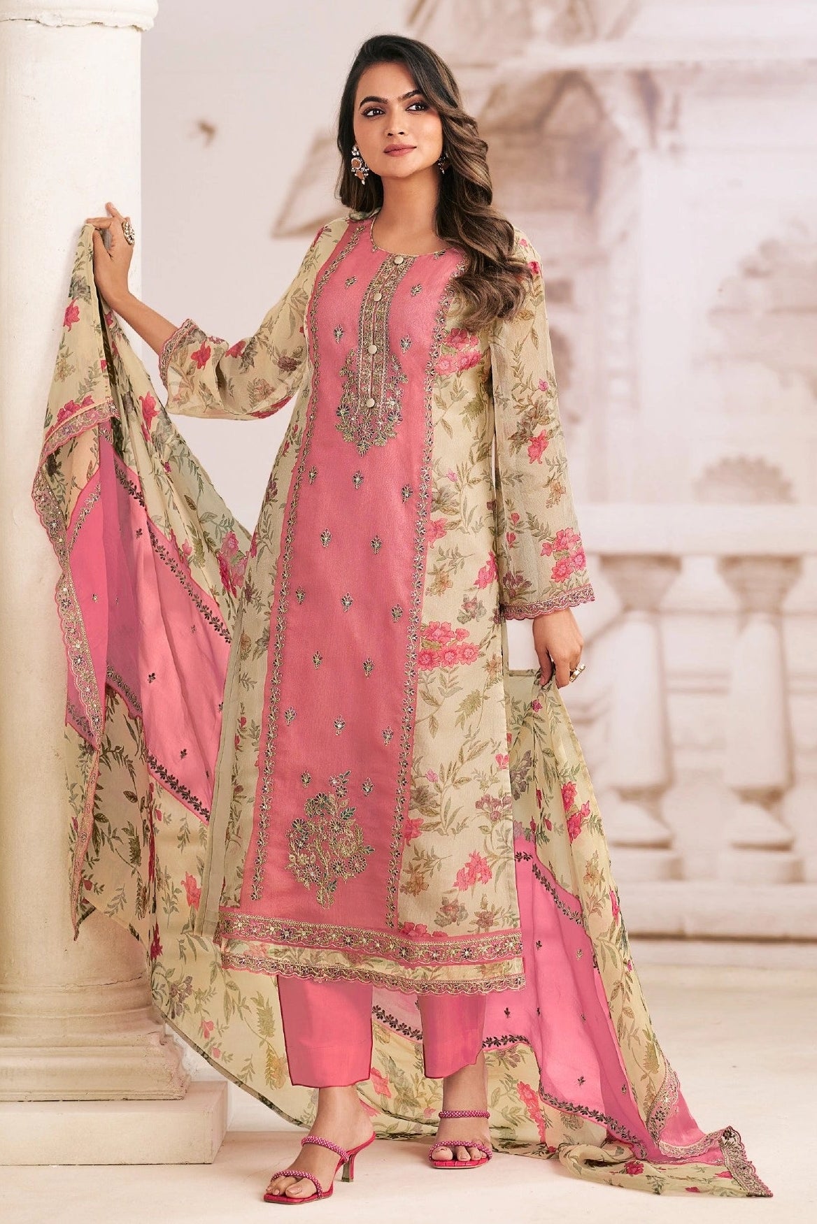 Charmi Pink Digital Print Salwar Kameez Set With Embroidery Work & Chiffon Dupatta