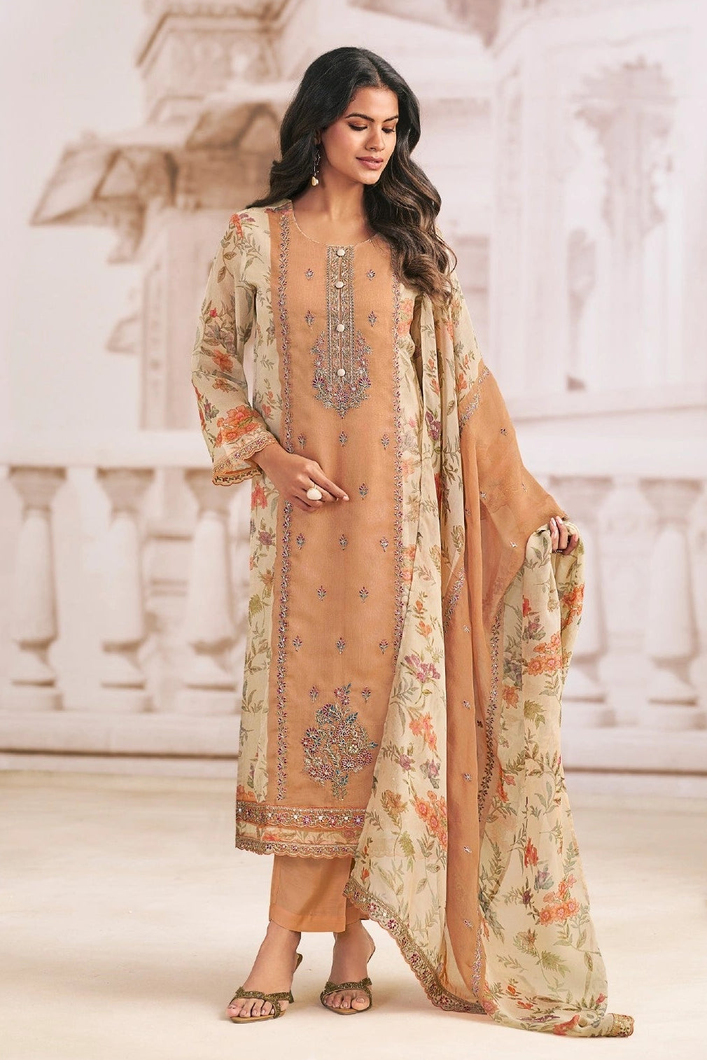 Simar Charmi Peach Digital Print Salwar Kameez Set With Embroidery Work & Chiffon Dupatta