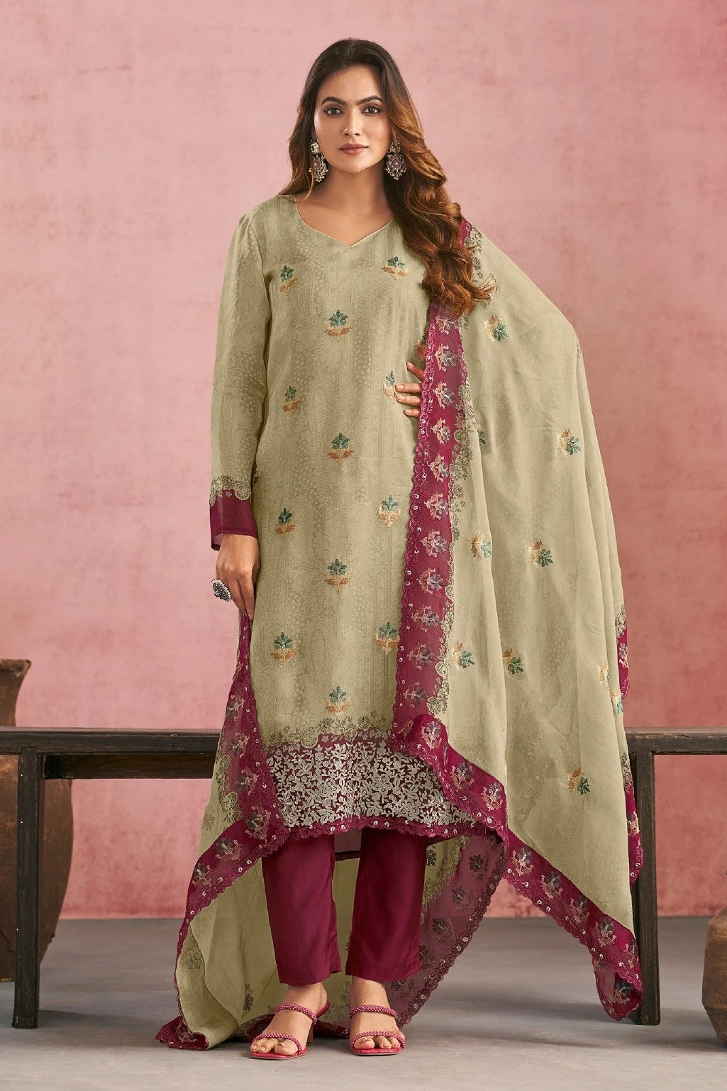 Simar Morena Beige & Wine Embroidered Organza Salwar Kameez Set with Designer Dupatta