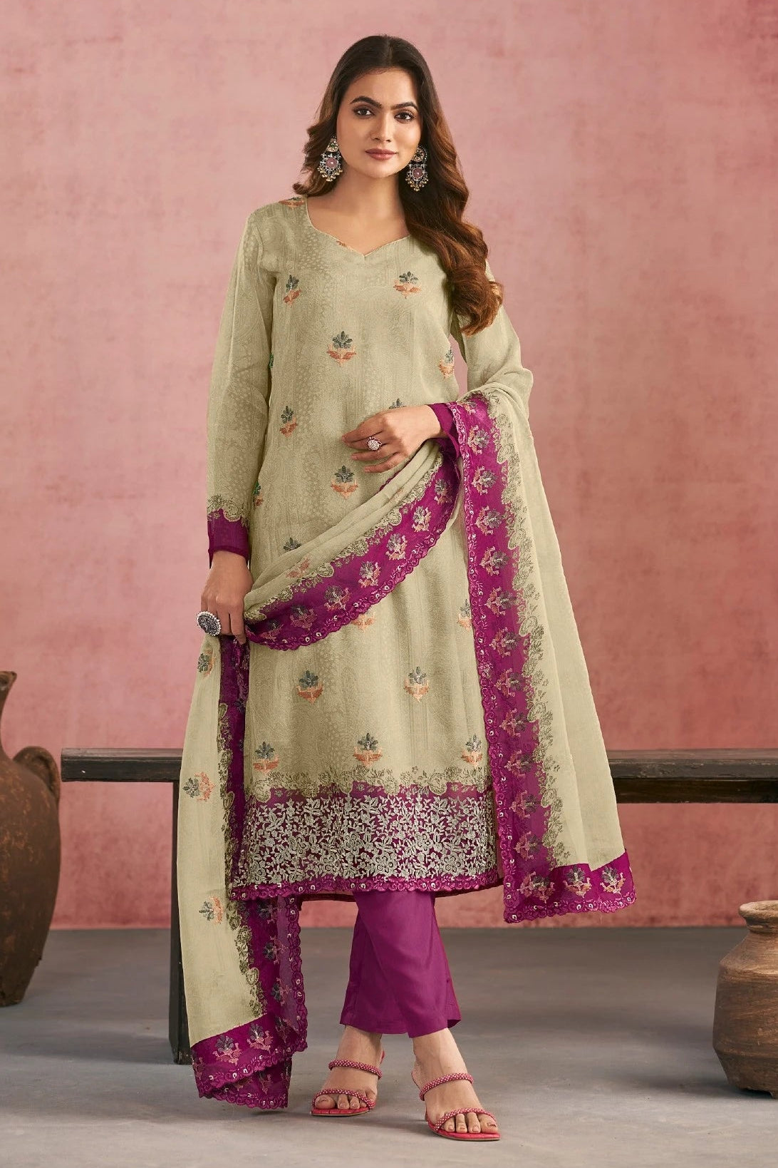 Simar Morena Beige Embroidered Organza Salwar Kameez Set with Designer Dupatta