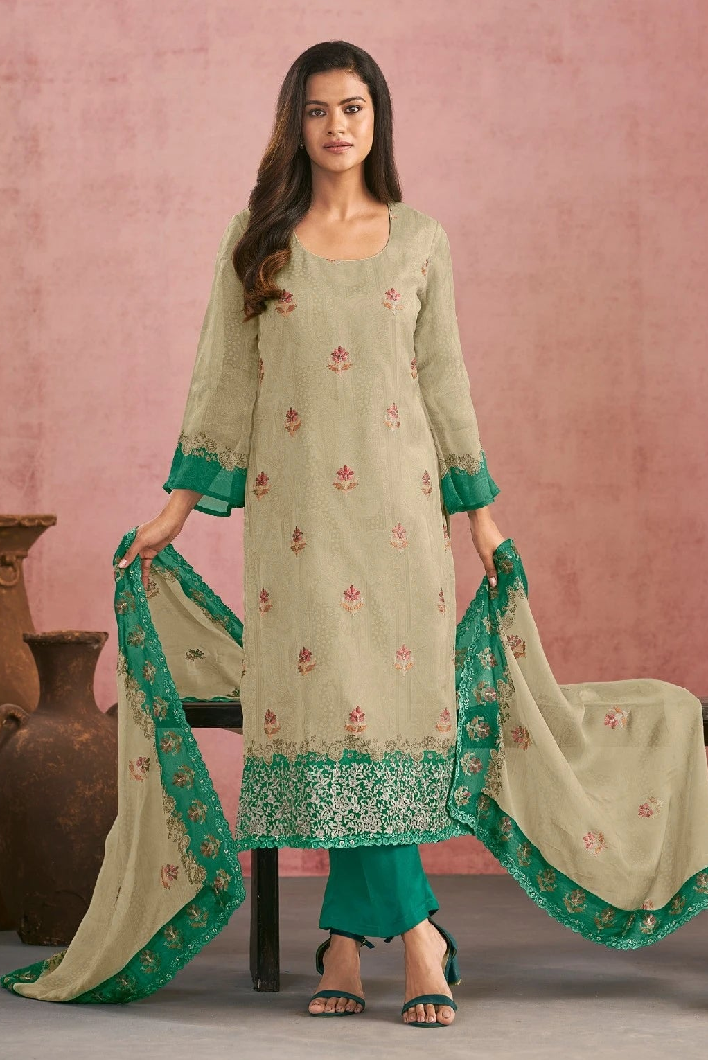Simar Morena Beige & Green Embroidered Organza Salwar Kameez Set with Designer Dupatta