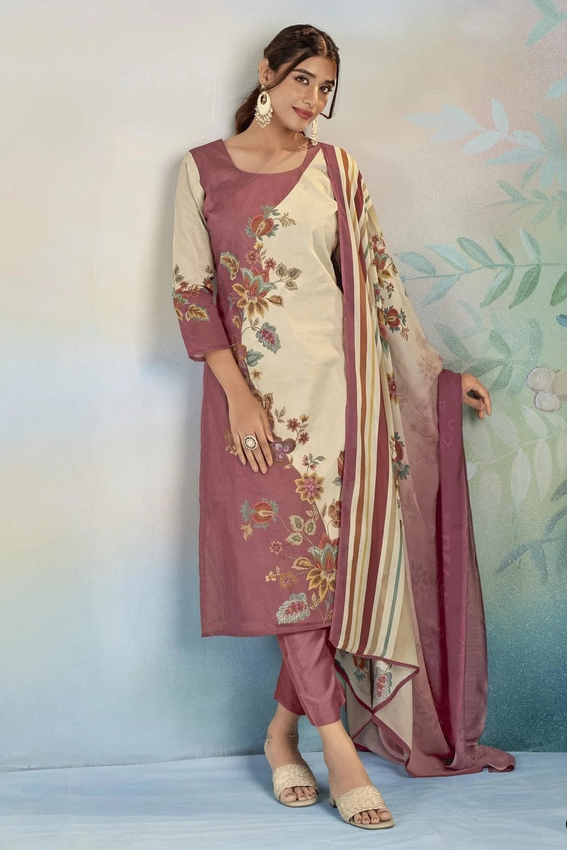 Simar Natasha Dusty Rose Floral Cotton Suit Set With Striped Chiffon Dupatta