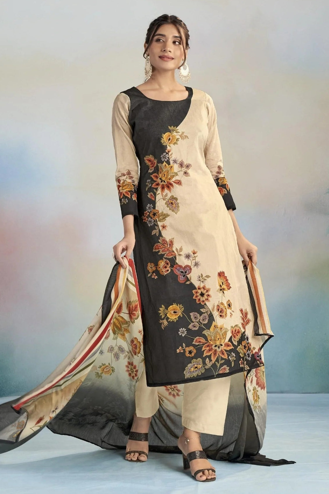 Simar Natasha Black & Ivory Floral Organza Cotton Salwar Suit Set With Printed Chiffon Dupatta
