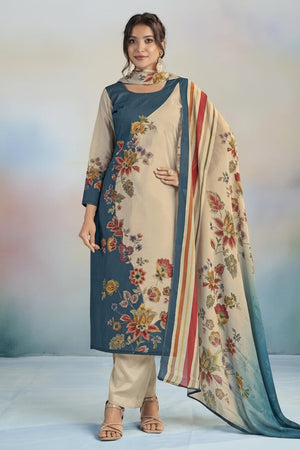 Woman wearing a floral embroidered outfit with a matching dupatta on a light background