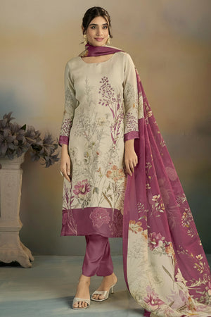 Dusty Rose Pink Floral Printed Organza Suit Set With Dupatta