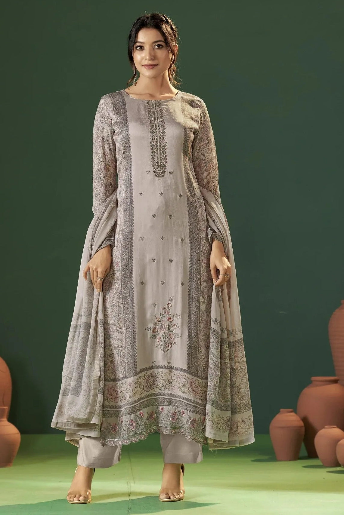 Simar Kashvi Pearl Grey Printed Salwar Suit Set With Dupatta