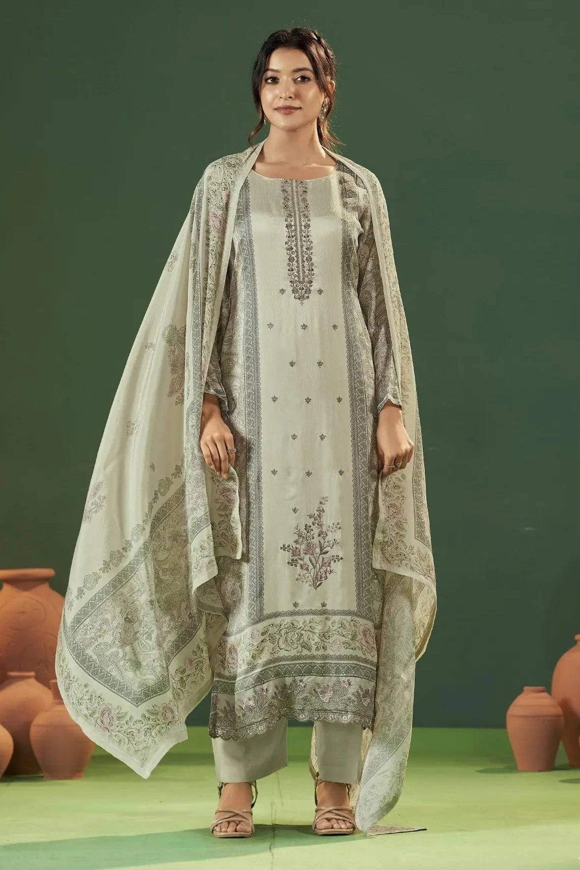 Simar Kashvi Sage Ivory Embroidered Cotton Salwar Suit Set With Printed Dupatta
