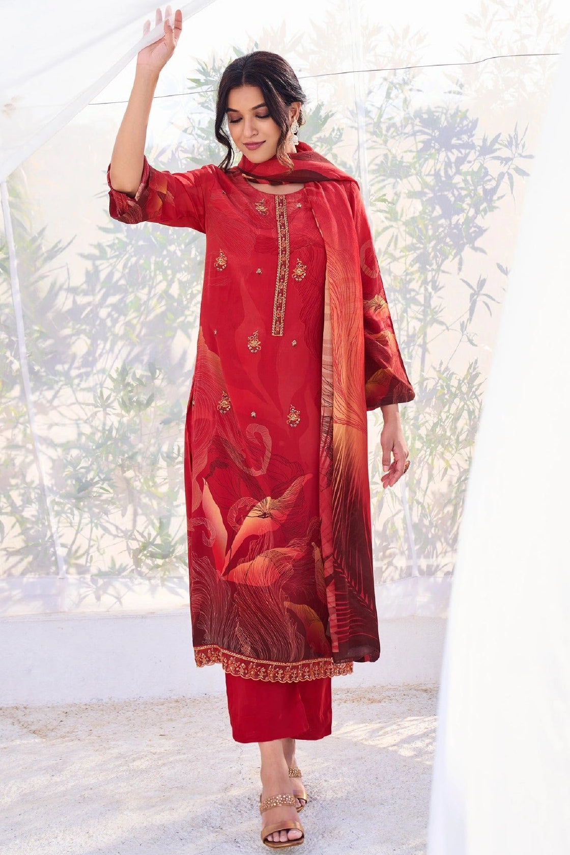 Simar Vitara Red Digital Printed Natural Crepe Salwar Kameez Set with Embroidery Work and Chinon Dupatta