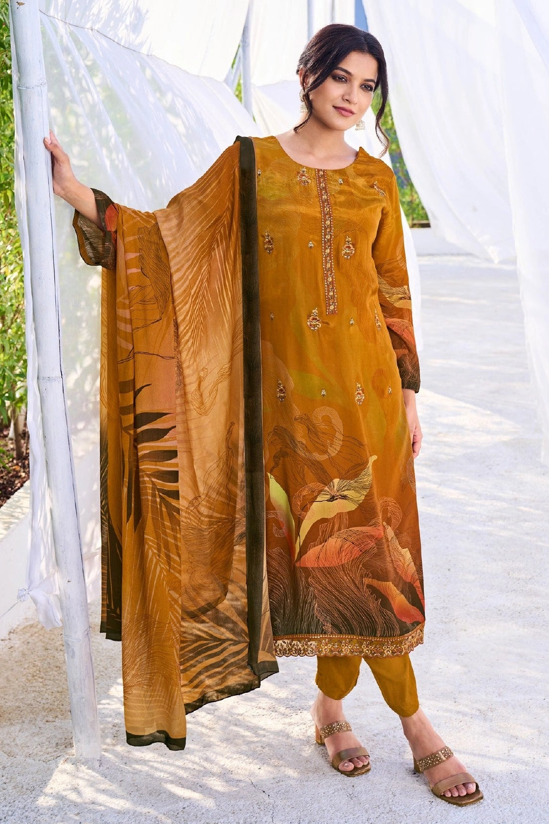 Simar Vitara Mustard Gold Digital Printed Natural Crepe Salwar Kameez Set with Embroidery Work and Chinon Dupatta