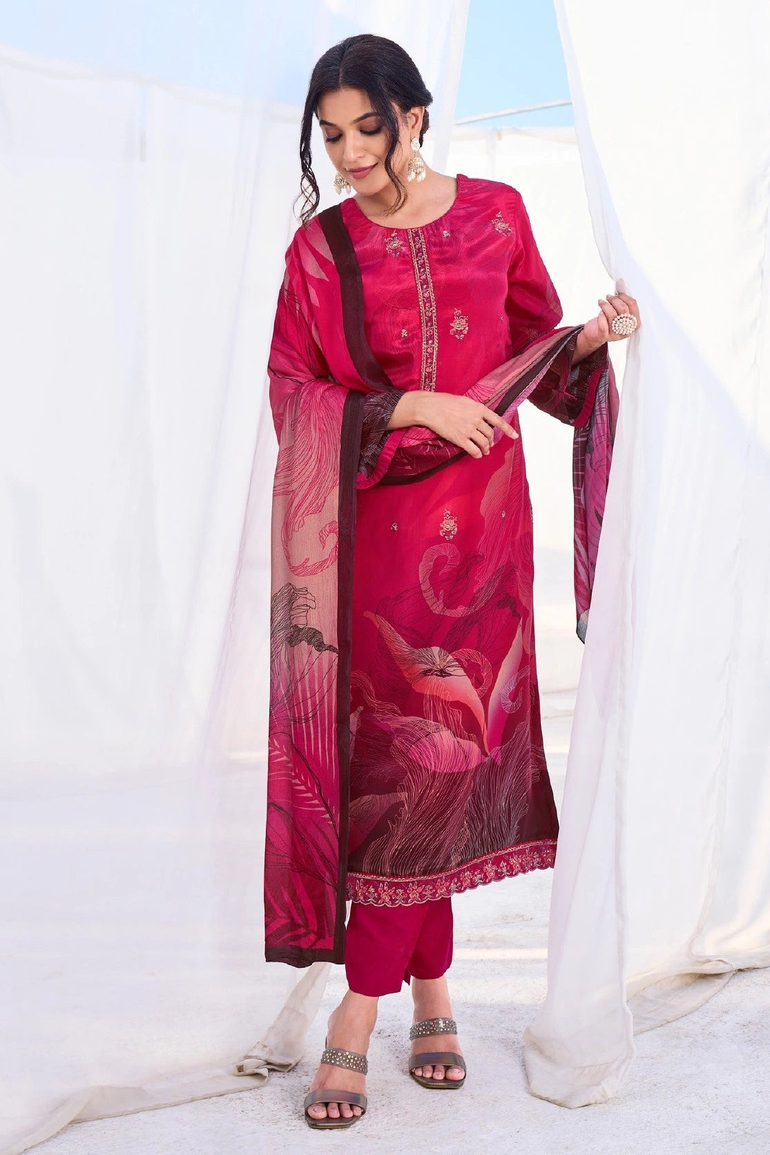 Simar Vitara Rani Pink Digital Printed Natural Crepe Salwar Kameez Set with Embroidery Work and Chinon Dupatta