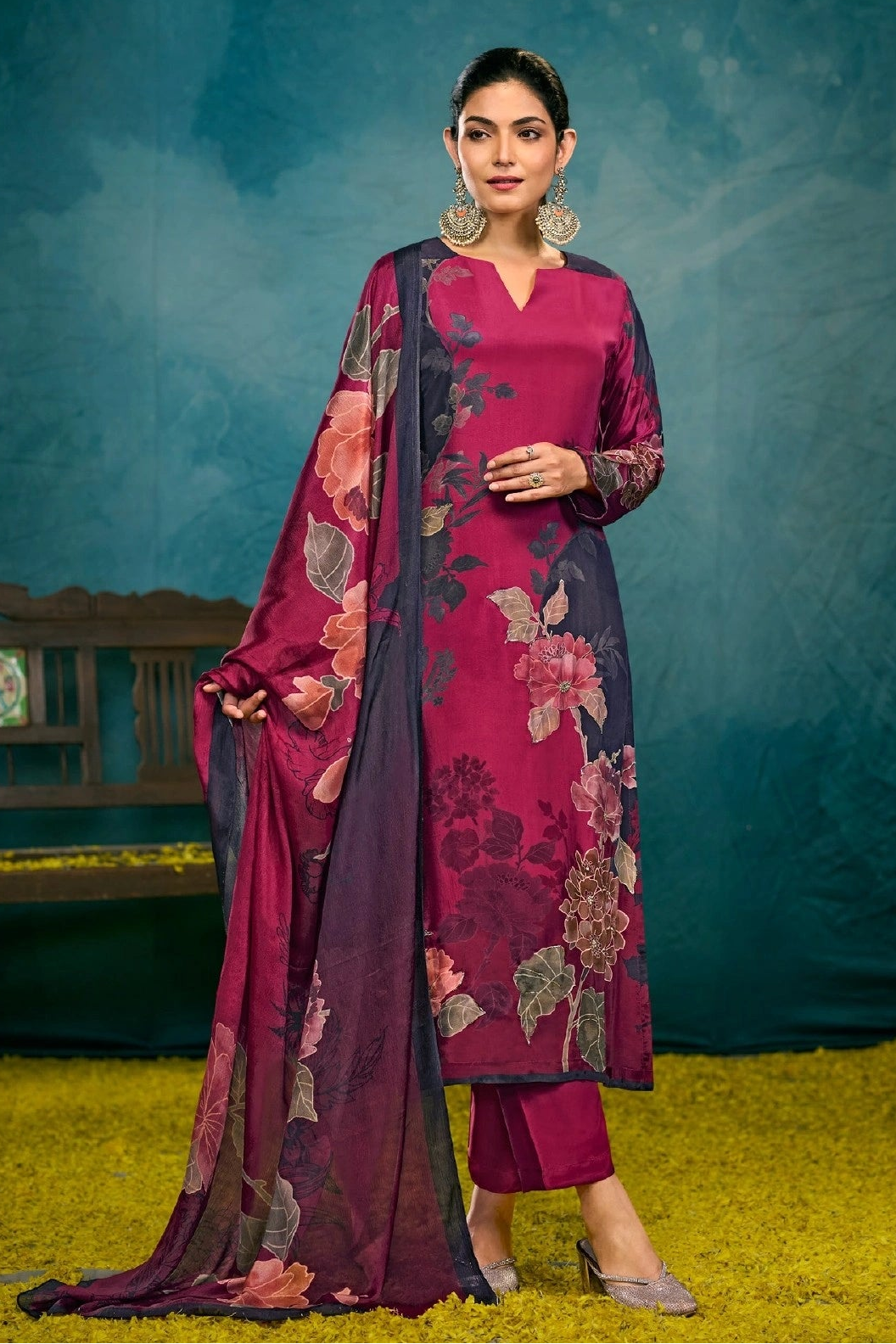 Simar Jhalak Wine Floral Digital Printed Crape Salwar Kameez Set with Chinon Dupatta