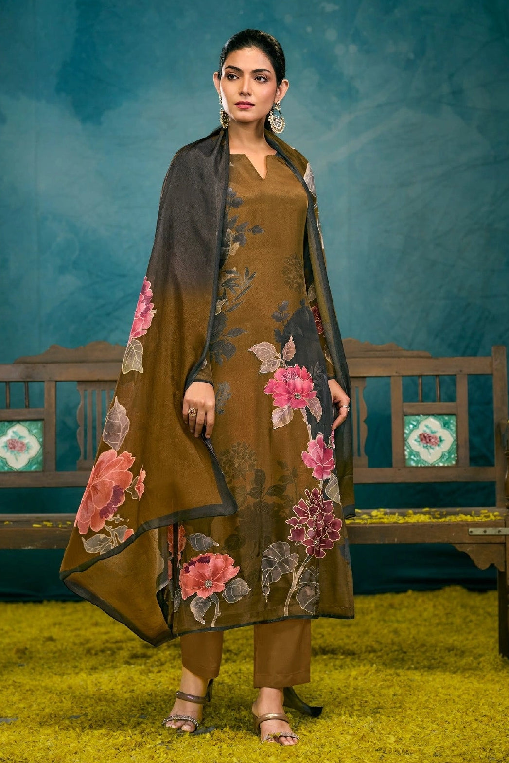 Simar Jhalak Olive Brown Floral Digital Printed Crape Salwar Kameez Set with Chinon Dupatta